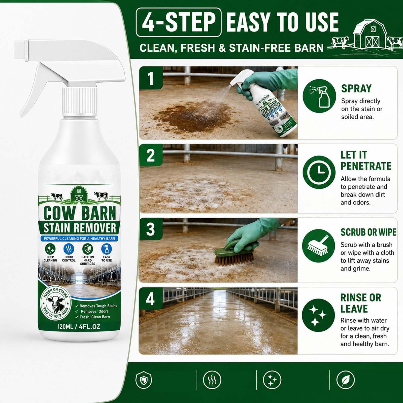 Starkes Cow Barn Stain Remover Spray, professionelles Multi-Surface Reinigungsspray, Cow Barn Fleckentferner mit Handtuch entfernt hartnäckige Mistgeruch und erfrischt den Duftreiniger (5pcs)