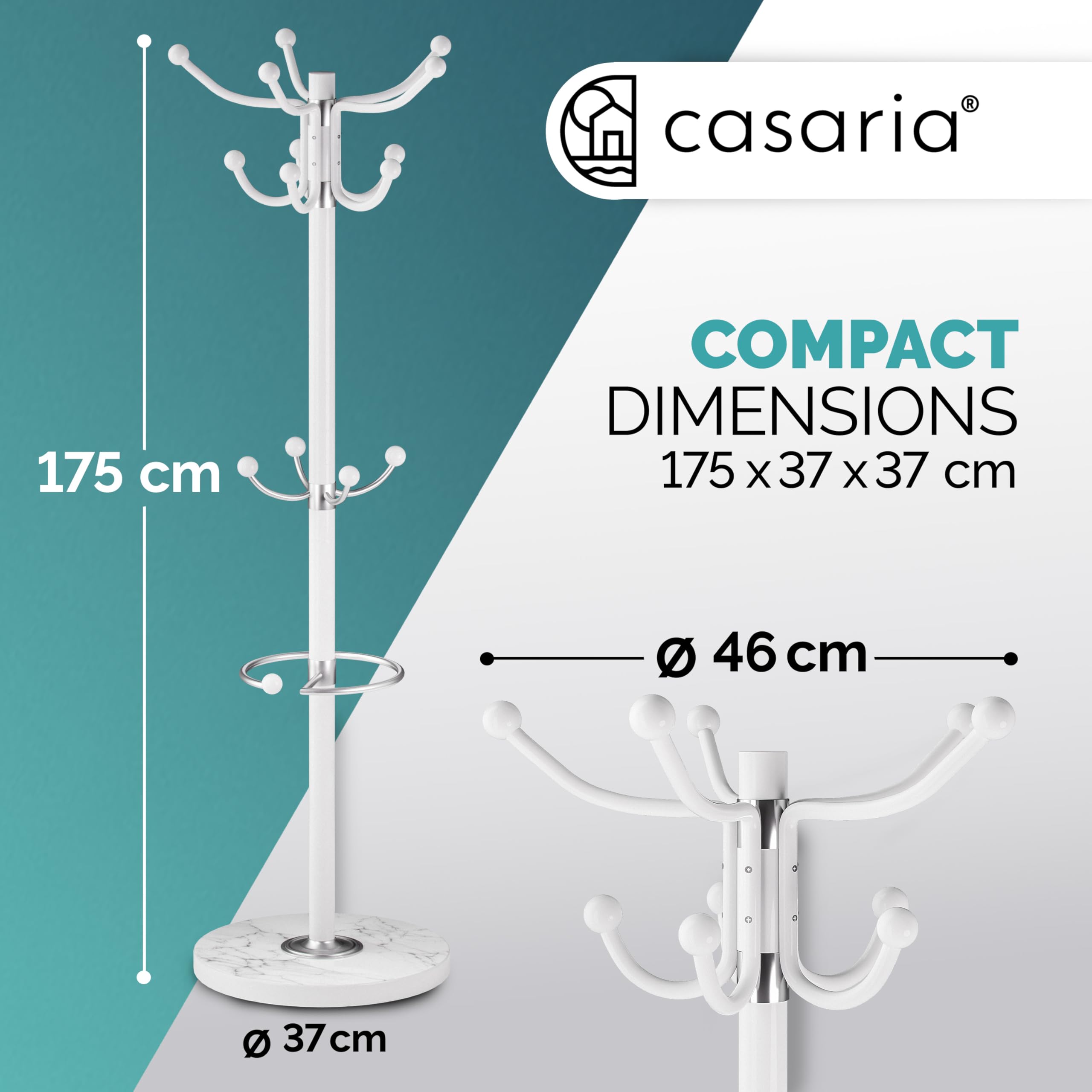 Casaria® Attaccapanni in Metallo con Base 14 Ganci Ruotabile 360° 37x37x175cm Corridoio Ufficio Appendiabiti Bianco