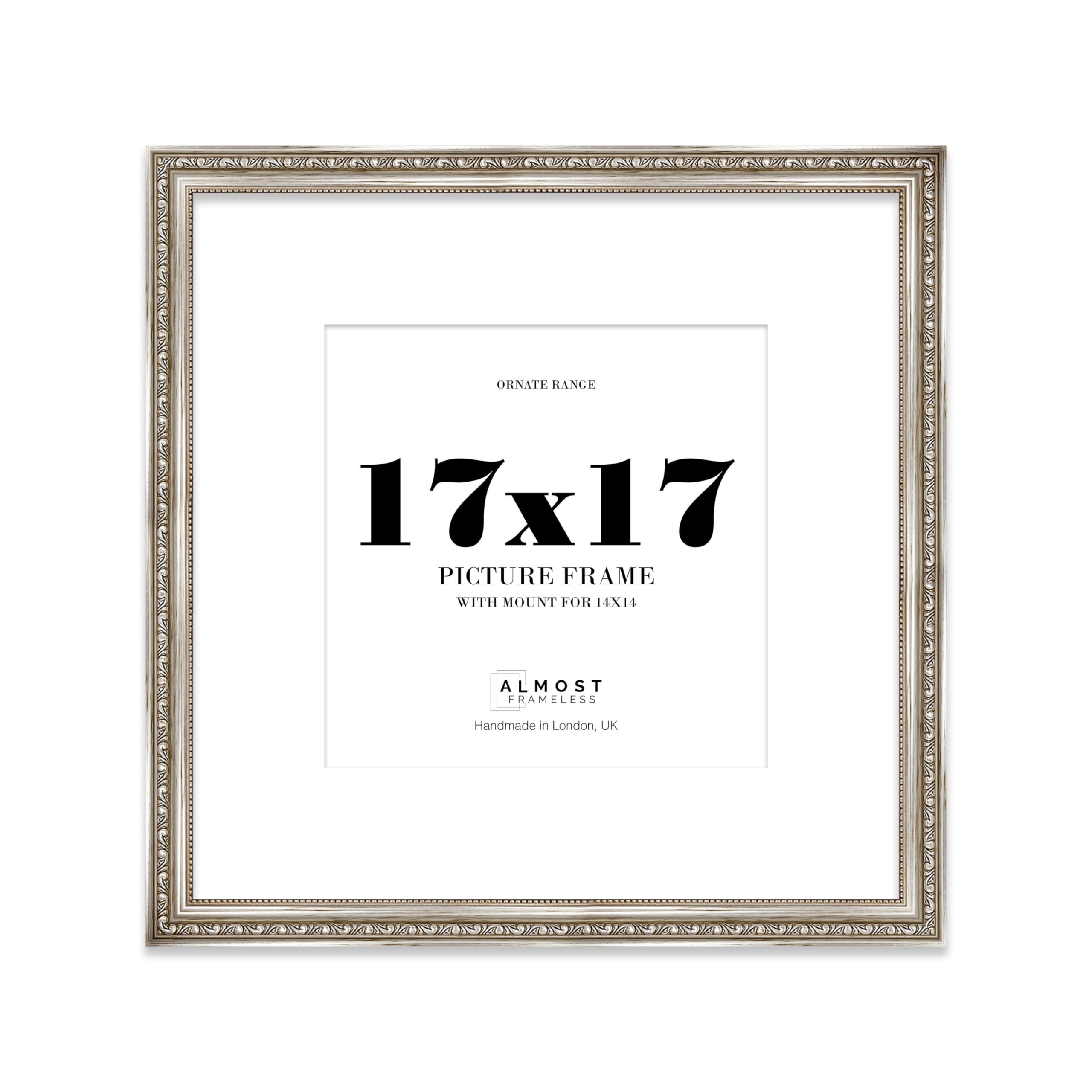 17x17 Silver Ornate Photo Frame With White Mat For 14x14 Picture, Ready to Hang, 1 Pack