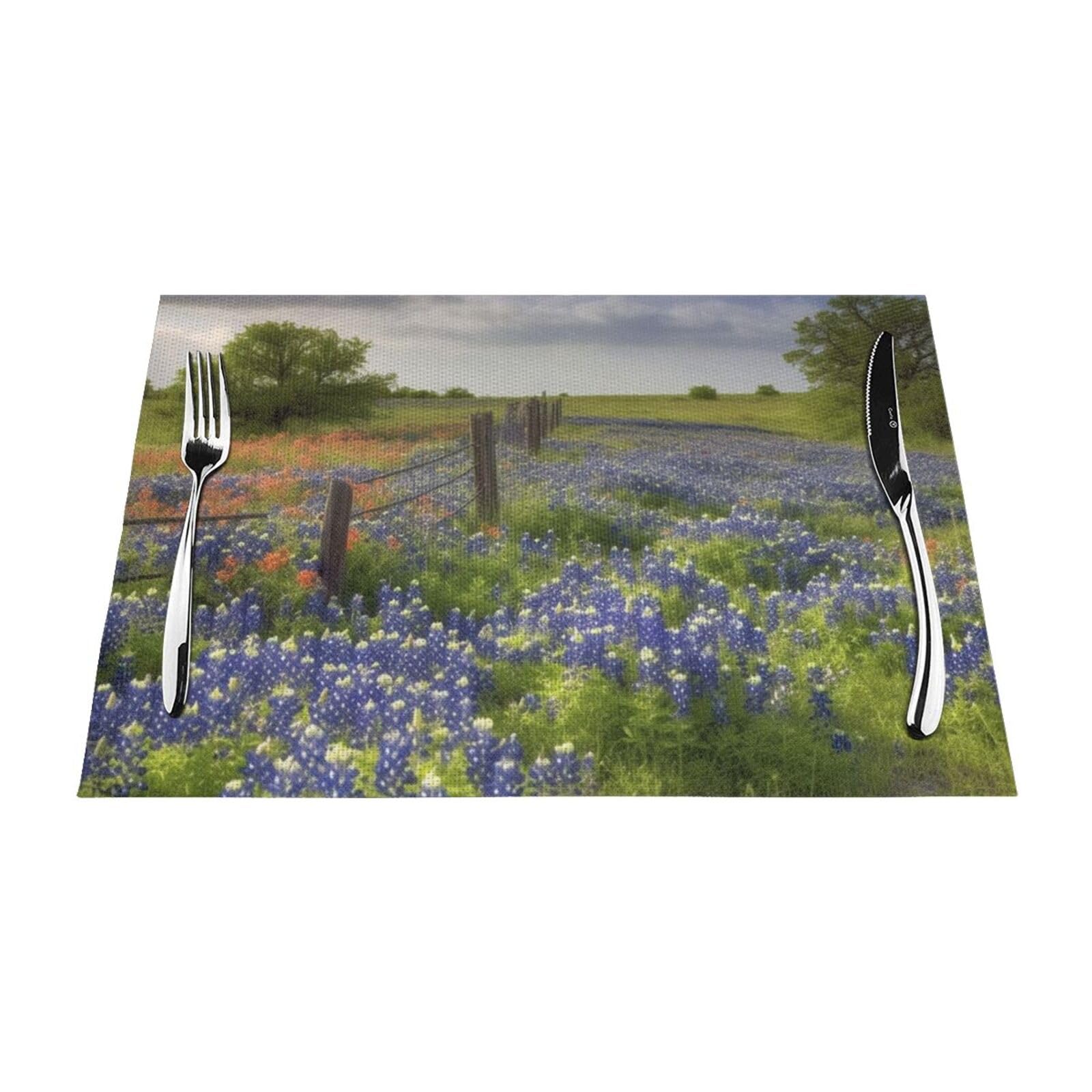 Texas Bluebonnets Scenery Placemats Set of 1 - Woven Vinyl Kitchen Table Placemats - Heat Resistant Non-Slip Place Mats for Dining Table, Washable Indoor Outdoor Table Mats 12x18 Inch