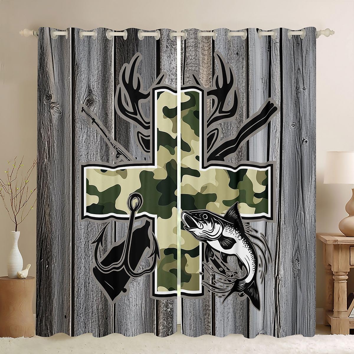jejeloiu Big Pike Fishing Blackout Curtains 30%-50% Fish Hooks Window Curtains Living Room Camo Hunting and Fishing Thermal Insulated Shades Woodland Window Treatments, 2 Panels 52 x 84 Inch
