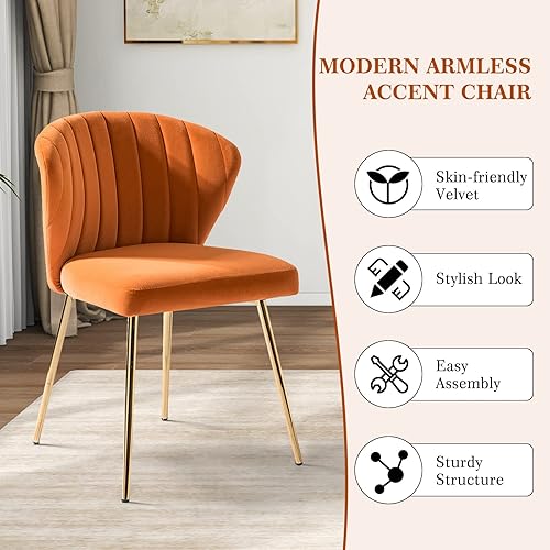 Miniatura 4 de HULALA HOME Silla de comedor de terciopelo, bonita silla de acento sin brazos, silla de sala de estar con patas doradas, silla lateral tapizada
