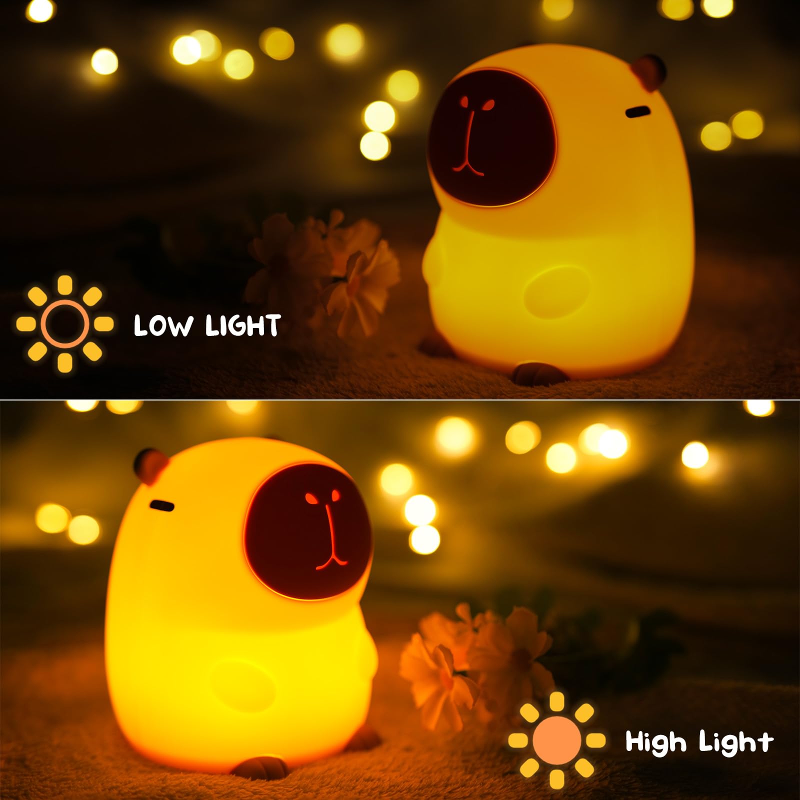Capybara noche luz linda suave silicona niños habitación noche luz regulable animales noche luz con temporizador y grifo control, regalo de Navidad
