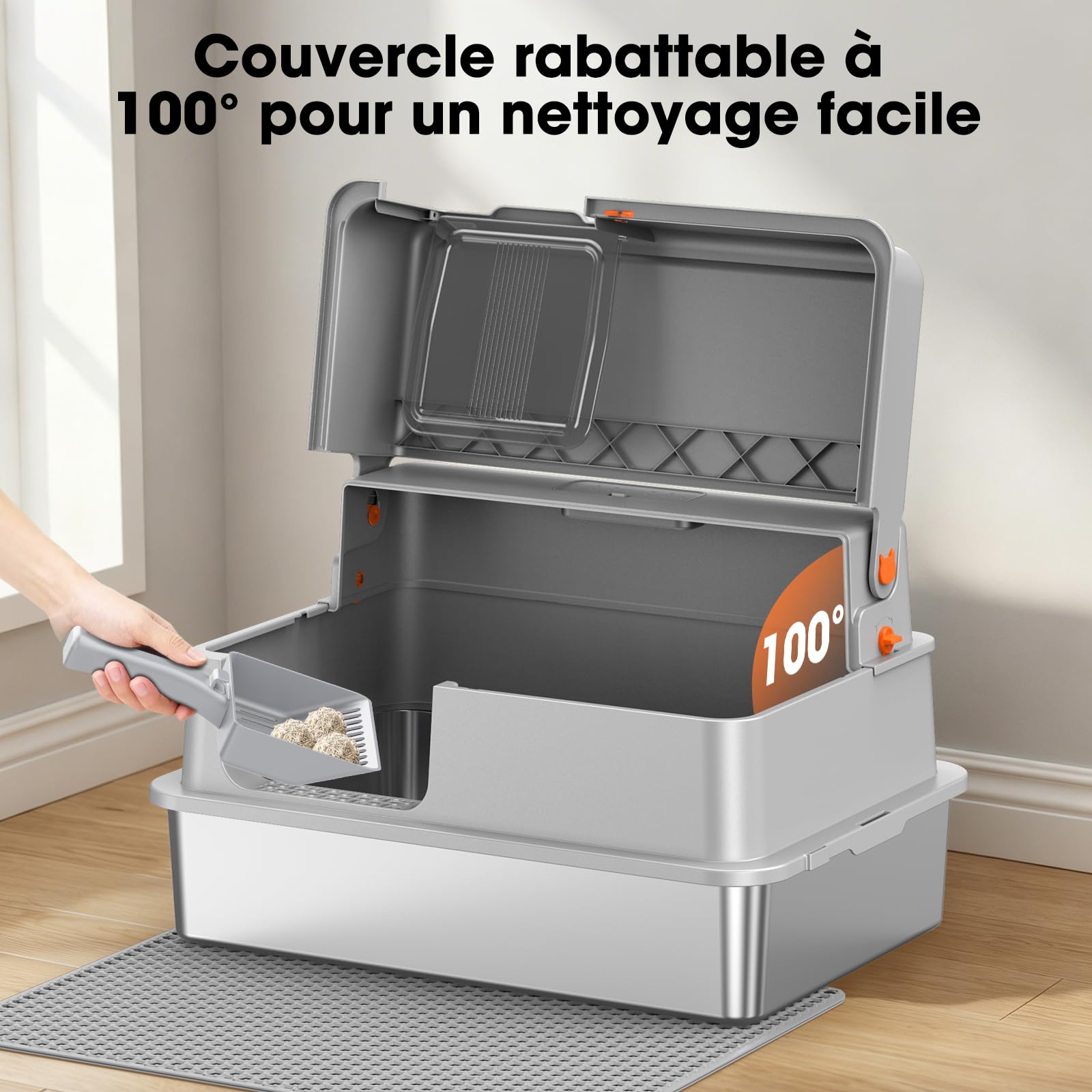 Bac à litière en INOX XXXL – Grand bac Ouvert pour Chat avec Bords Hauts et Panneaux Semi-Transparents, cuve Profonde Amovible pour Nettoyage Facile, antiadhésif, Anti-Fuite, Gris Clair