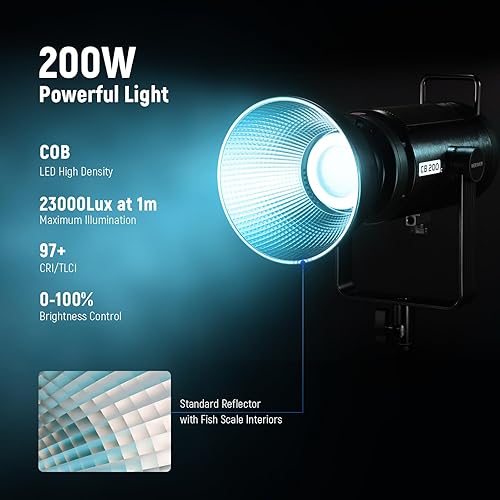 Miniatura 3 de NEEWER CB200C 200W RGBWW COB LED luz de video, APP2.4G 360  Color 2500K-7500K (Duv  0.0003) 23000luxm Bowens Metal Shell Silencioso Salida continua