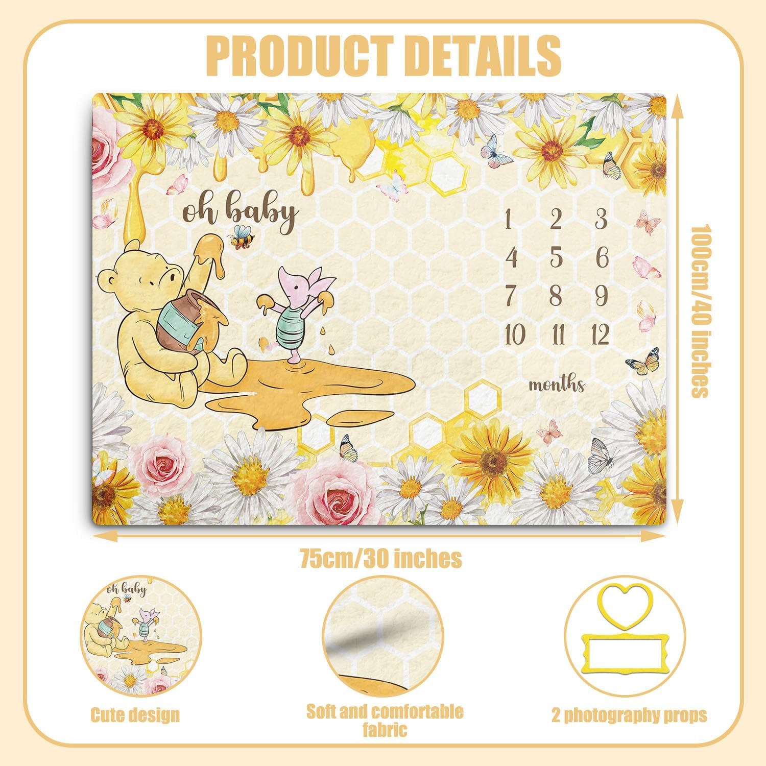 Winnie Baby Milestone Blanket, Honey Themed Baby 12 Months Milestone Blanket, Winnie Photo Calendar Monthly Growth Chart, with 8PCS Double-Sided Printed Cardstock, Christmas Decoration Photo Gift - Image 2