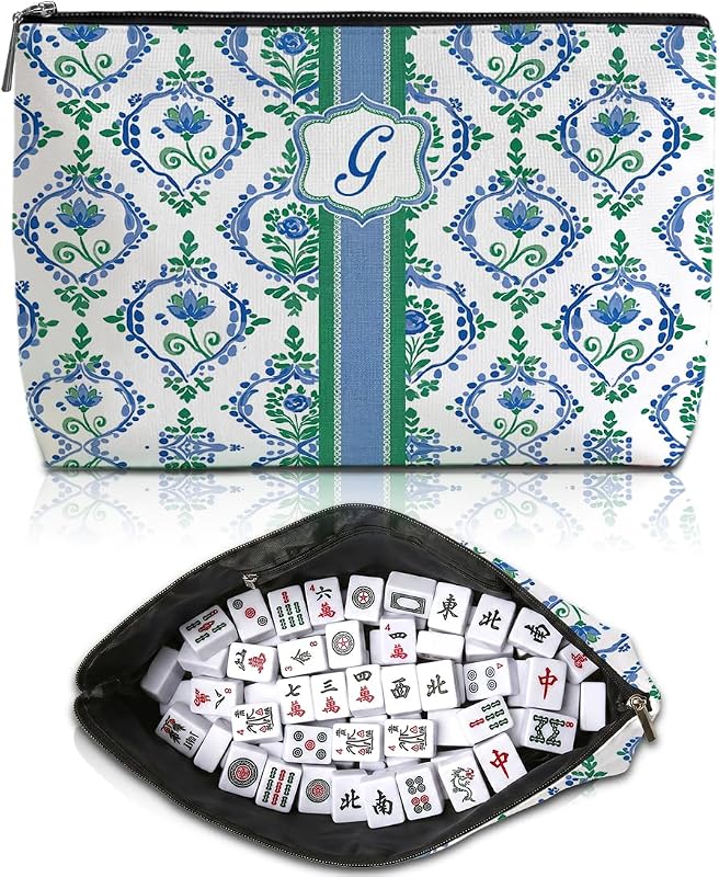 Necessaire para Maquiagem Blue Leaves com Inicial G, Estampa Floral e Zíper