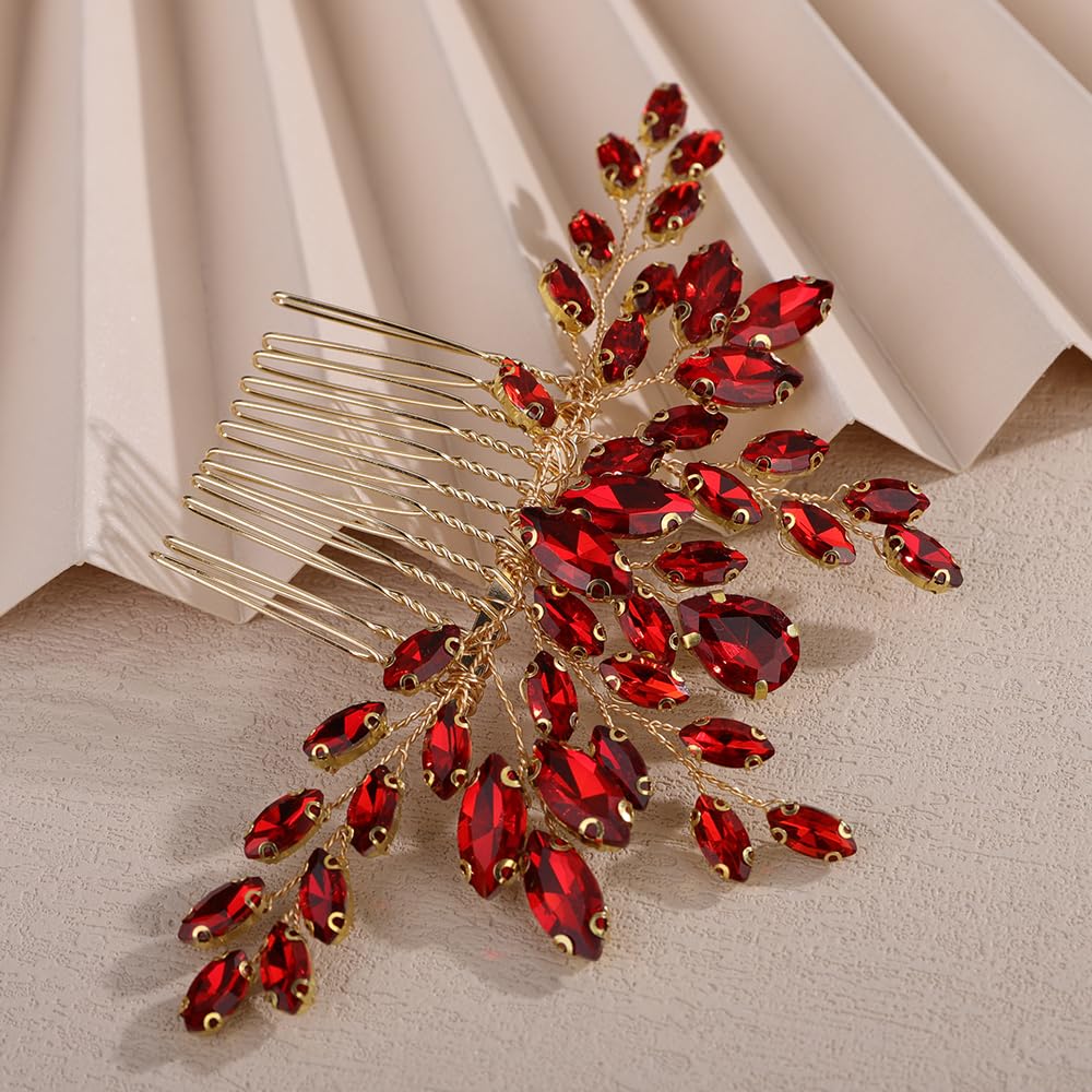Red Rhinestones Hair Comb for Wedding Brides Handmade Hair Piece for Women Special Occasion Jewelry (Red) - Image 4