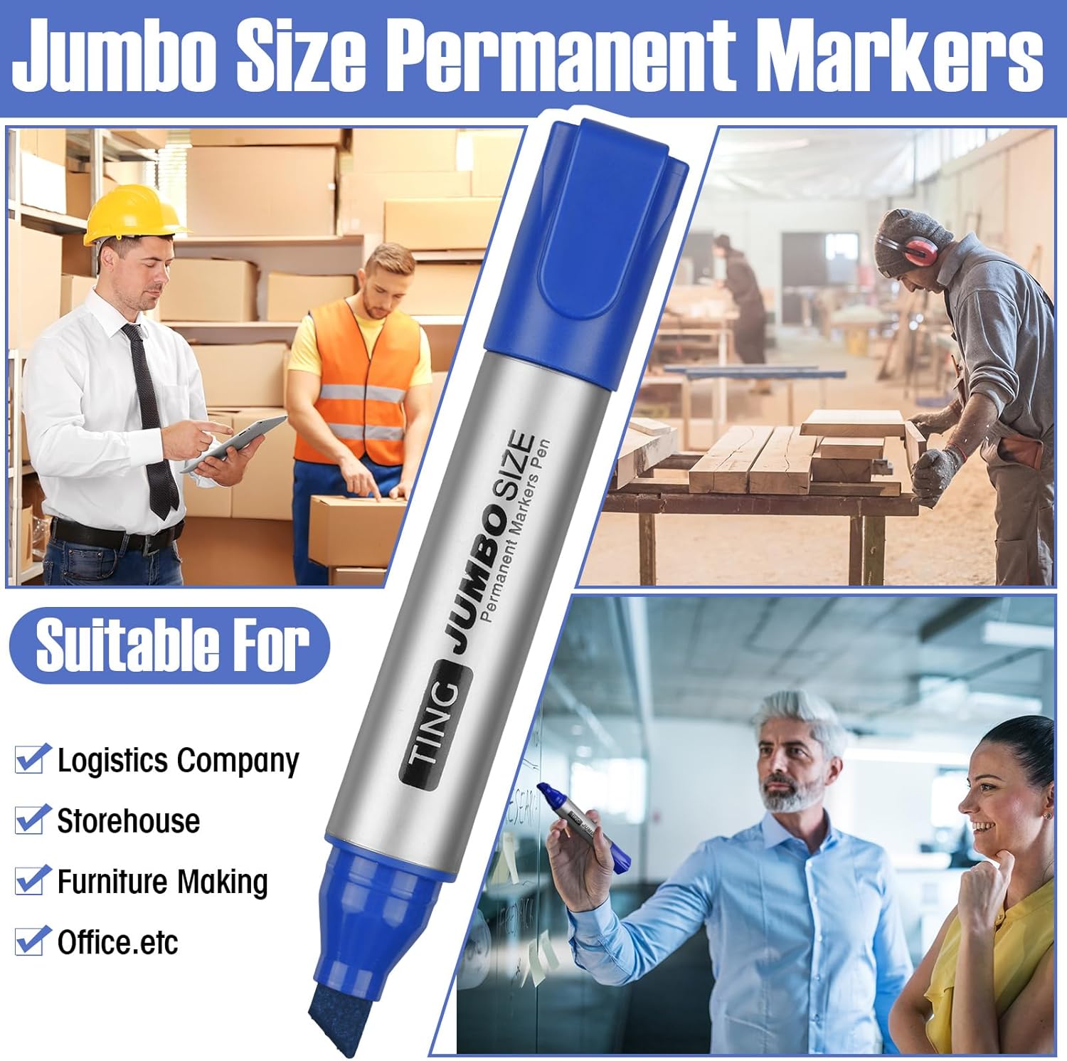 Fuutreo 32 Pcs Jumbo Permanent Markers Bulk Large Chisel Tip Permanent Markers Waterproof Jumbo Pens Quick Drying Office Supplies(Blue)