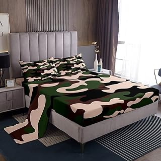 Feelyou Camouflage Bed Sheet for Kids Boys Girls Army Green Camo Print Sheet Set Super Soft Bedding Set 1 Fitted Sheet & 1 Flat Sheet with 2 Pillowcases Queen Size