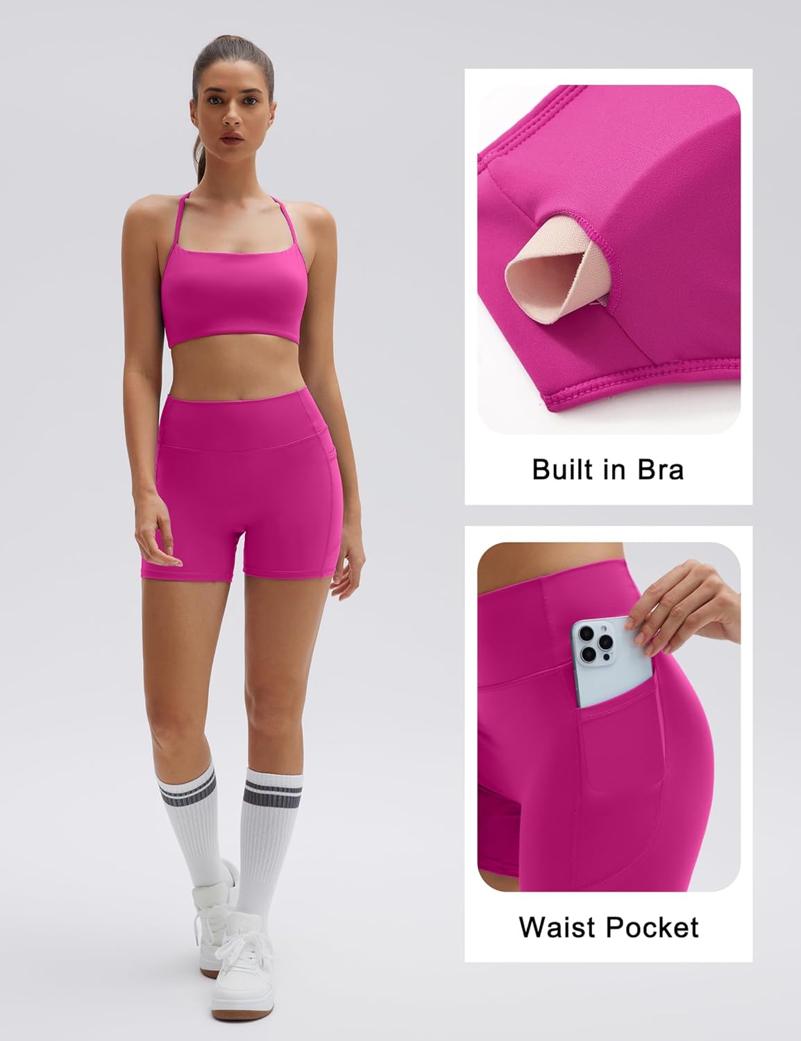 SUUKSESS Women 2 Piece Workout Sets Padded Halter Sports Bras High Waisted Biker Shorts with Pockets - Image 2