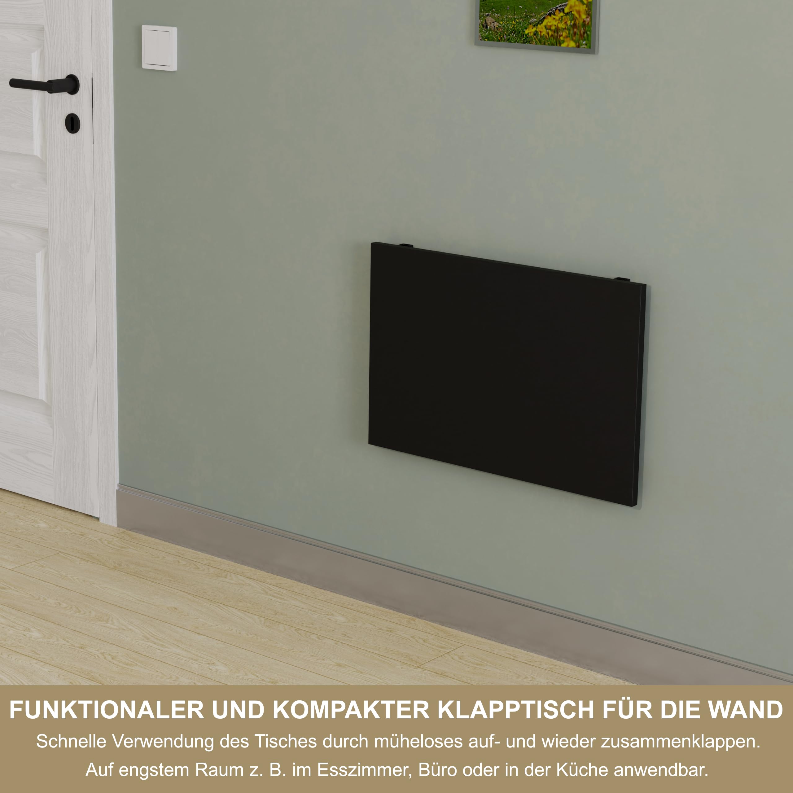 KDR Wandklapptisch 60x40 cm – Klapptisch zur Wandmontage, platzsparender Wandtisch, klappbarer Esstisch, Schreibtisch & Küchentisch, ideal für kleine Räume und Home Office (Schwarz)