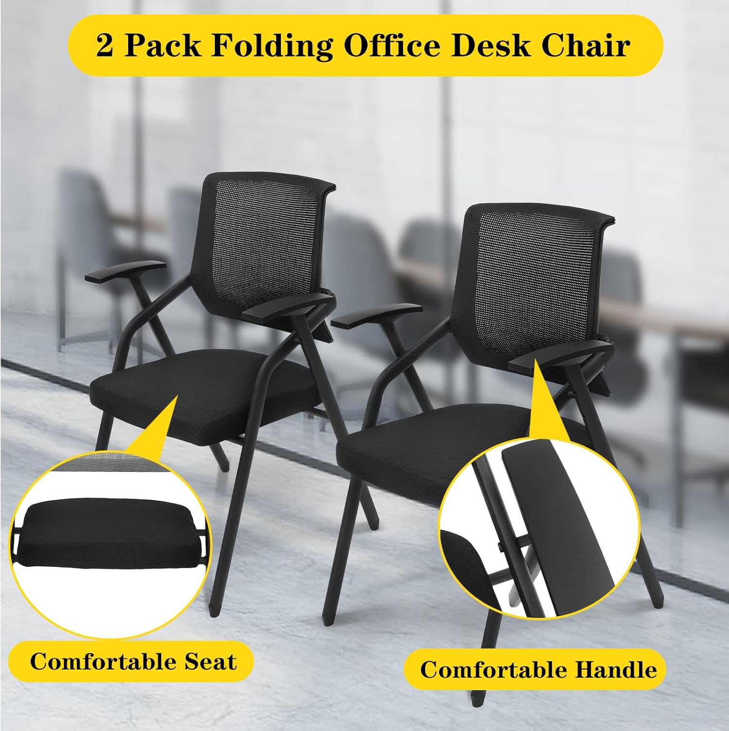 Arm Chair, 2 Pack Folding Office Desk Chair, Mesh Guest Reception Stack Chairs, Executive Office Chairs for Conference Waiting Room, with Arms - Anti-Slip Feet - Mesh Net Back, Black