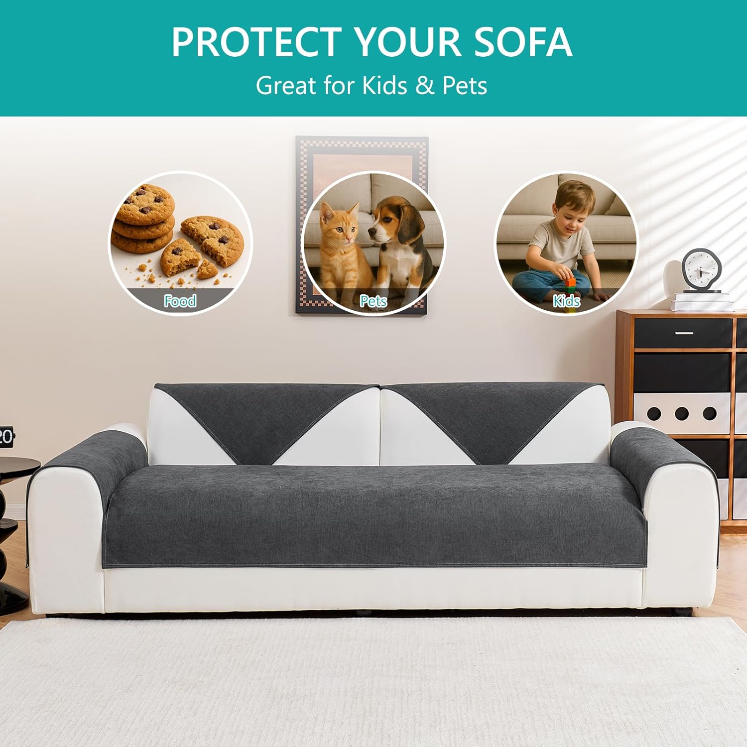 Deep Dream Cat-Scratch Resistant Couch Cover, Waterproof Sectional Sofa Cover, Anti Slip Sofa Covers for 3 Cushion Couch Washable, Couch Protector for Pets(Dark Grey,1 PCS 36" x 63")