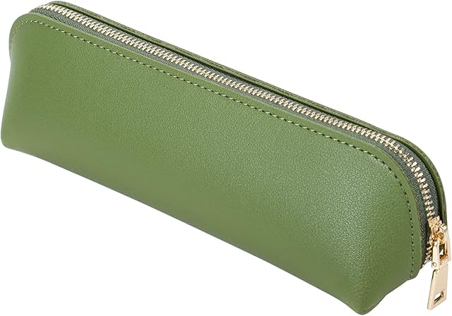 Fyore Leather Pencil Case Slim Design Pen Bag with Metallic Zipper Pocket Size for or Student Office College Middle School (Green)