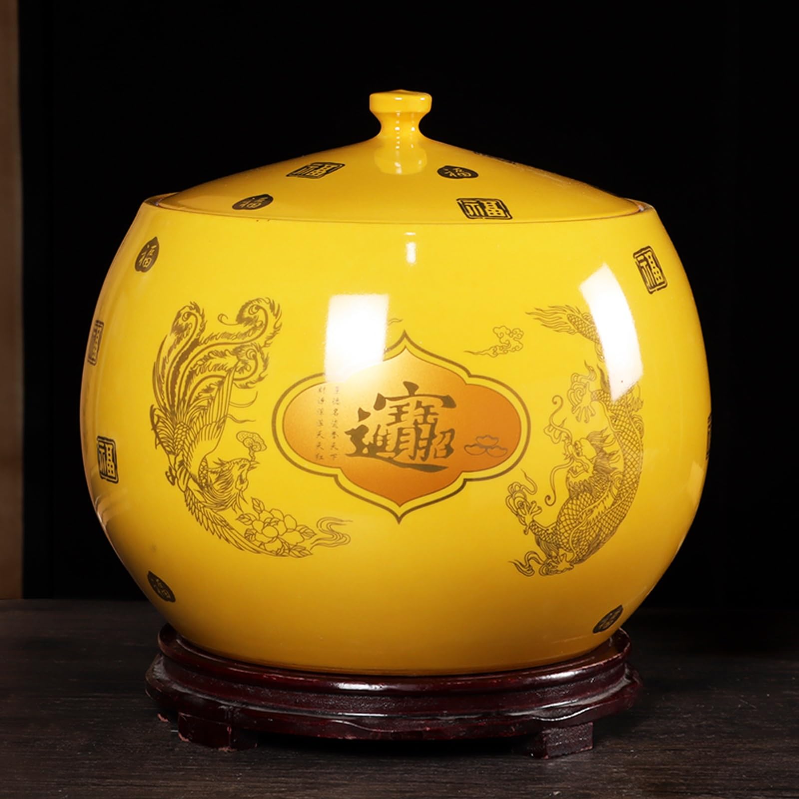 MESCXTY Classic Gold Ceramic Food Storage Containers With Lid (without Base),Ceramic Rice Jar Porcelain Bottle Large Container For Rice, Flour, Pet Food(A)