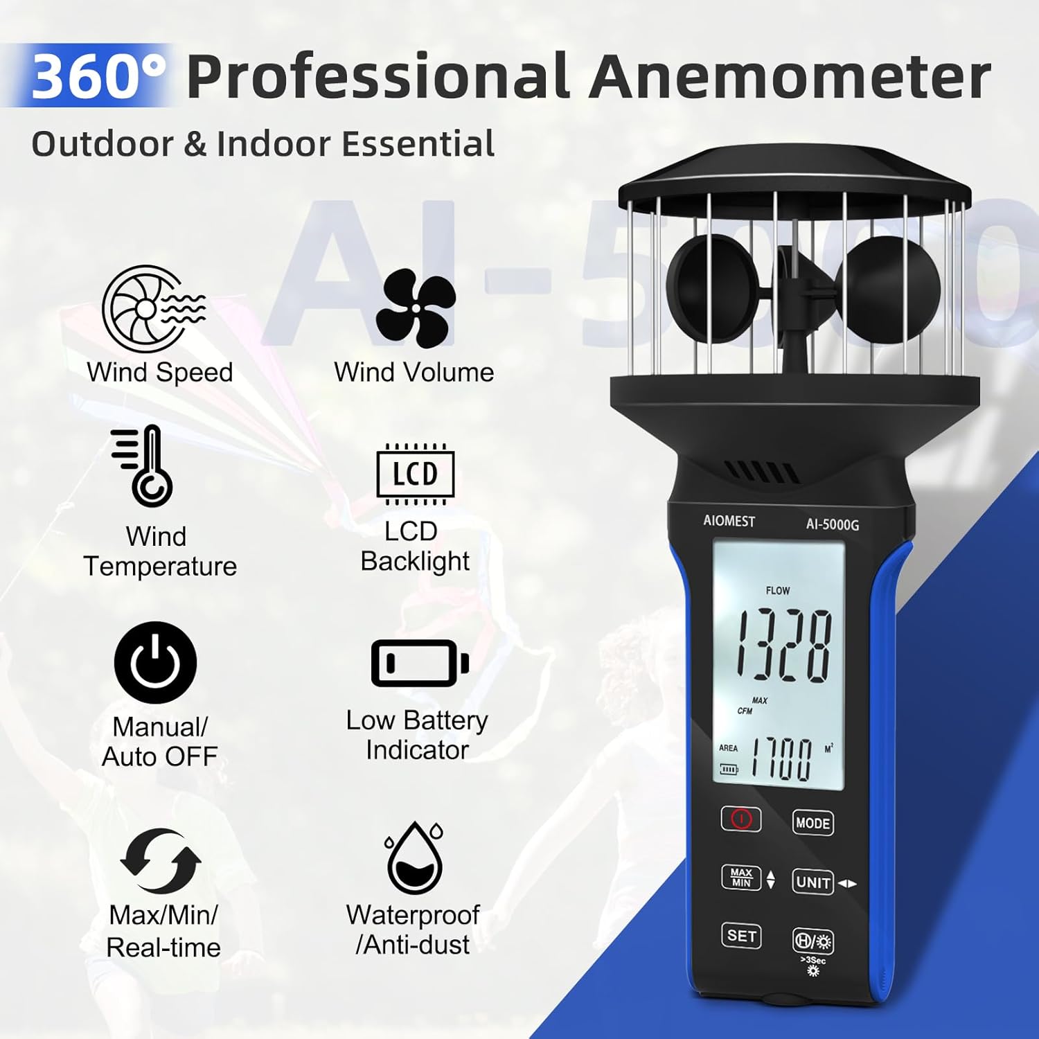 AIOMEST AI-5000G Anemometer with feature icons