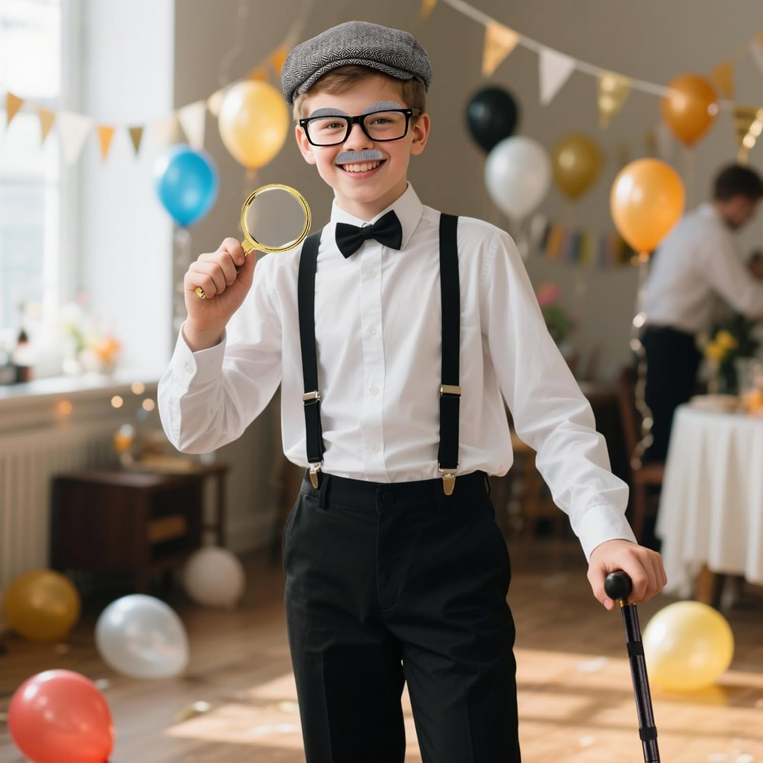 Carreuty 8 Pcs Old Man Costume for Kids 100 Day of School Costume with Hat Glasses Cane Bow Tie Suspenders Magnifying Glass Eyebrows Mustache Grandpa Costume for Boys Accessories for Costume Cosplay