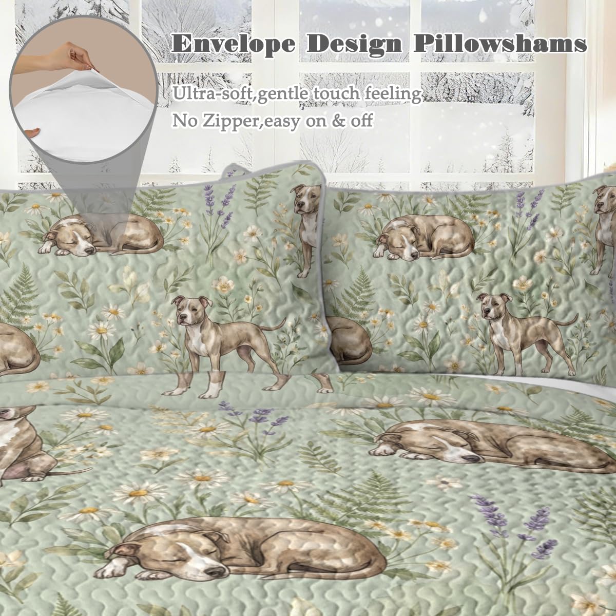BlessLiving Pitbull Floral Quilt Set King, Loyal Botanical Cute Dog Bedding Set, Soft Lightweight Flower Puppy Bedspread Coverlet, Cottagecore Microfiber Quilt with 2 Pillow Shams
