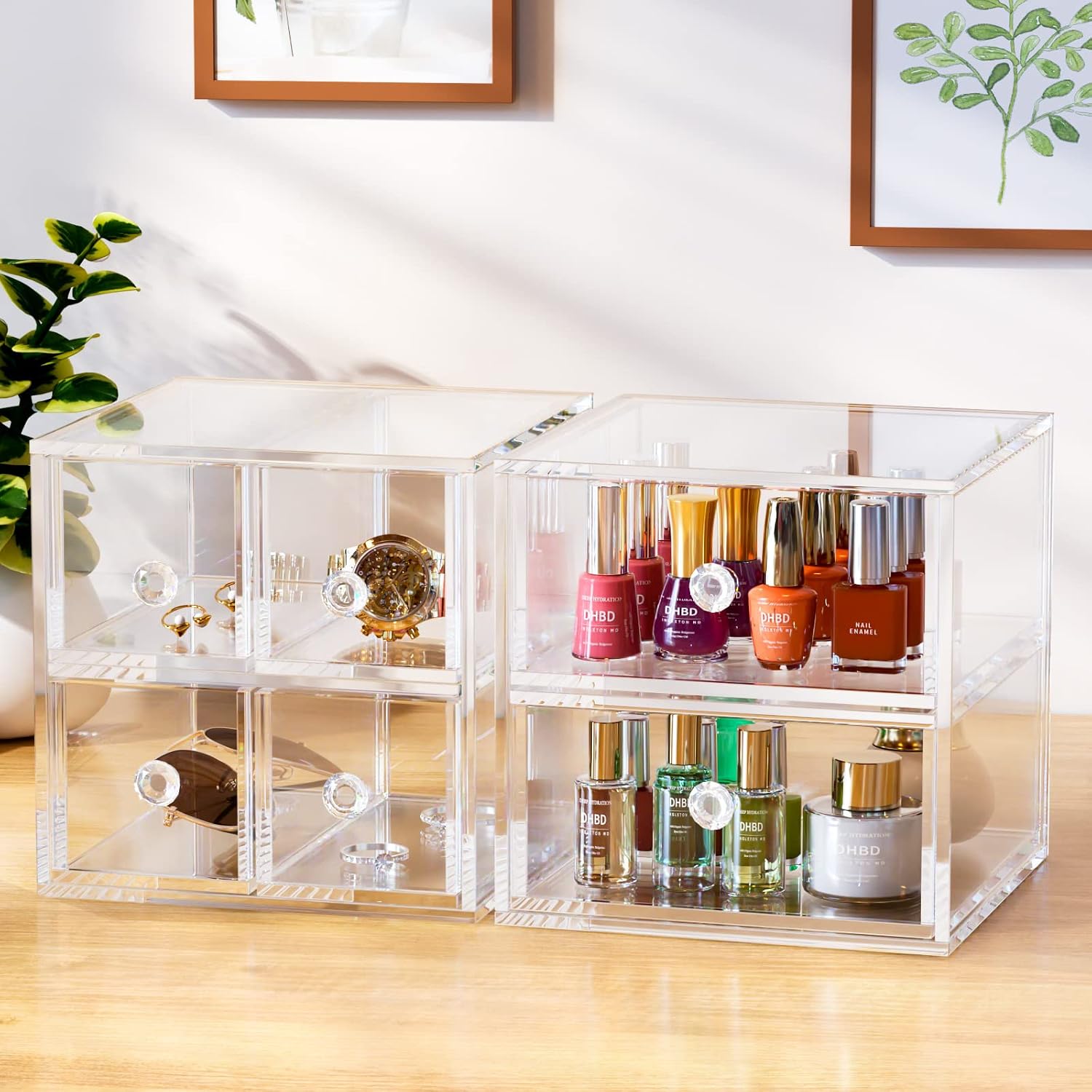 AITEE Acrylic Clear Makeup Organizer with 2 Drawers Stackable Cosmetics Storage Display Case for Vanity,Bathroom Counter, Dresser,Desktop,Countertop Holder for Lipstick,Brushes, Eyeshadow, Nail Polish,Jewelry