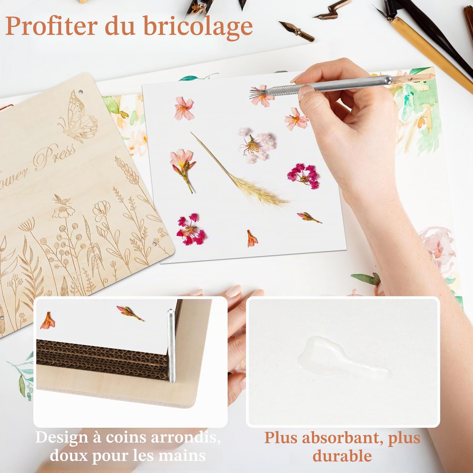 GOLDGE Presse à Fleurs Extra Grande pour Adultes - Kit de Pression de Fleurs en Bois 10 Couches 27,5 x 27,5 cm avec Sac de Rangement, Cadeaux pour les Amateurs d'Arts et de Bricolage DIY