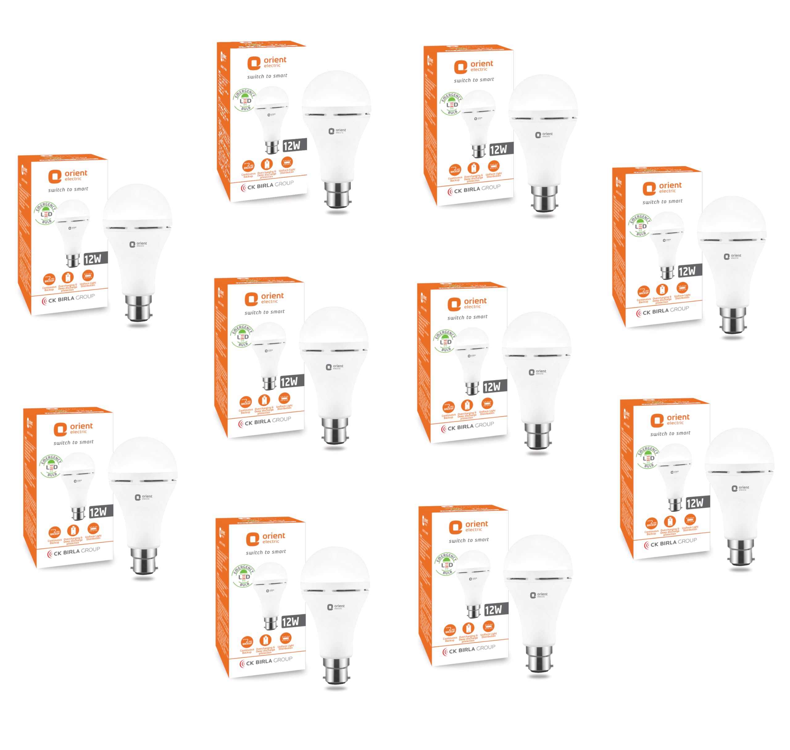 Orient Electric 12W Rechargeable Emergency LED bulb| Inverter Bulb for home with 2 hours battery backup| Up to 4 kV surge protection| 6500K, Cool White, B22d base| Over charging Protection| Pack of 10