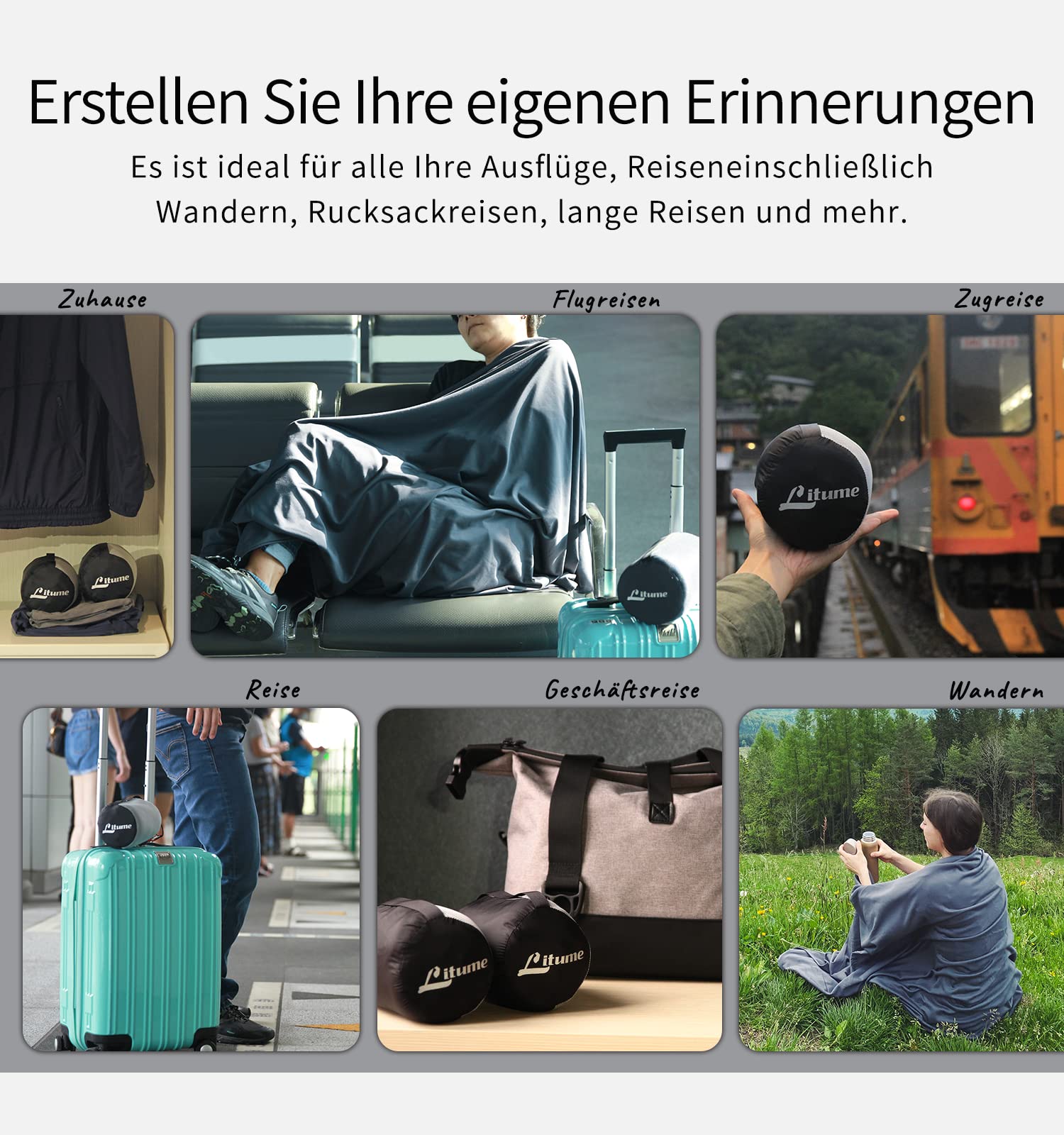 Litume Reisedecke, leicht und atmungsaktiv, 170 x 122 cm, weiche Flugzeug-Flugdecke für Reisende, faltbar, Campingdecke mit Packsack für Zug, Camping, Backapcking, Büro, Zuhause