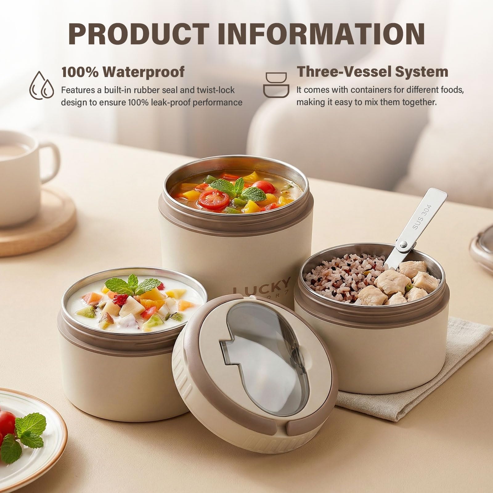 Contenitore Termico per Alimenti, 3 Strati, Lunch Box Termico Portatile con Cucchiaio Pieghevole, Grande Capacità Beige, Ideale per Ufficio, Scuola e Picnic