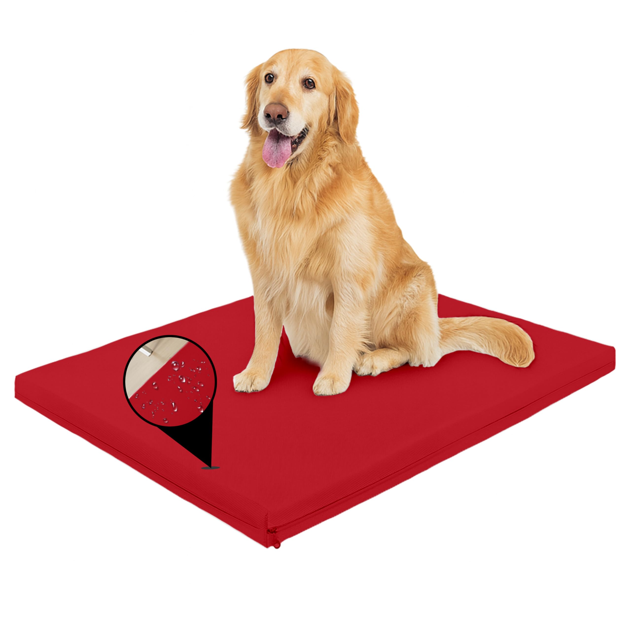 Egypto Waterproof Large Dog Bed Red – 5cm Thick Bonded Fibre Filled Cat & Dog Crate Mat with Green Removable Zipped Cover – Soft, Supportive Foldable Pet Mattress for Home, Crate, Travel – 70x95 + 5cm
