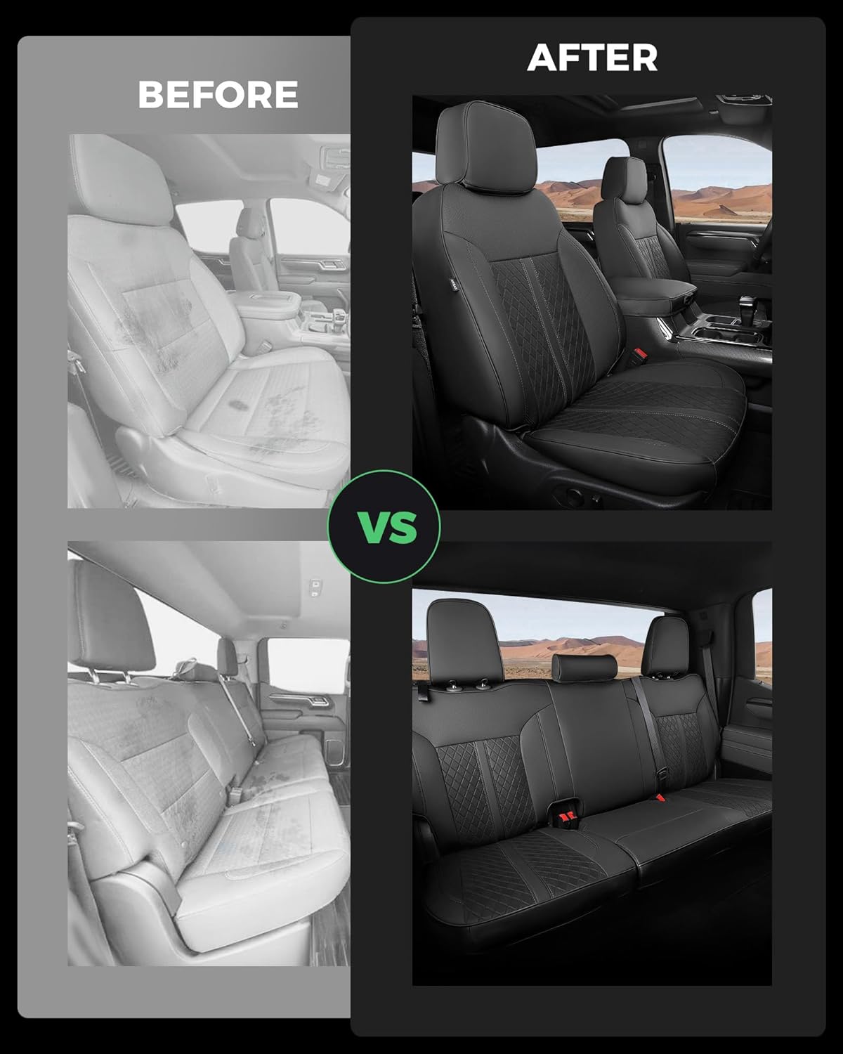 for Chevy Silverado & GMC Sierra Leather Seat Covers, Crew Cab 1500 2019-2026, 2500HD 3500HD 2020-2026, Custom Fit Truck Seat Cover Full Set, Black (W/O Rear Cupholder/Seatback Storage)