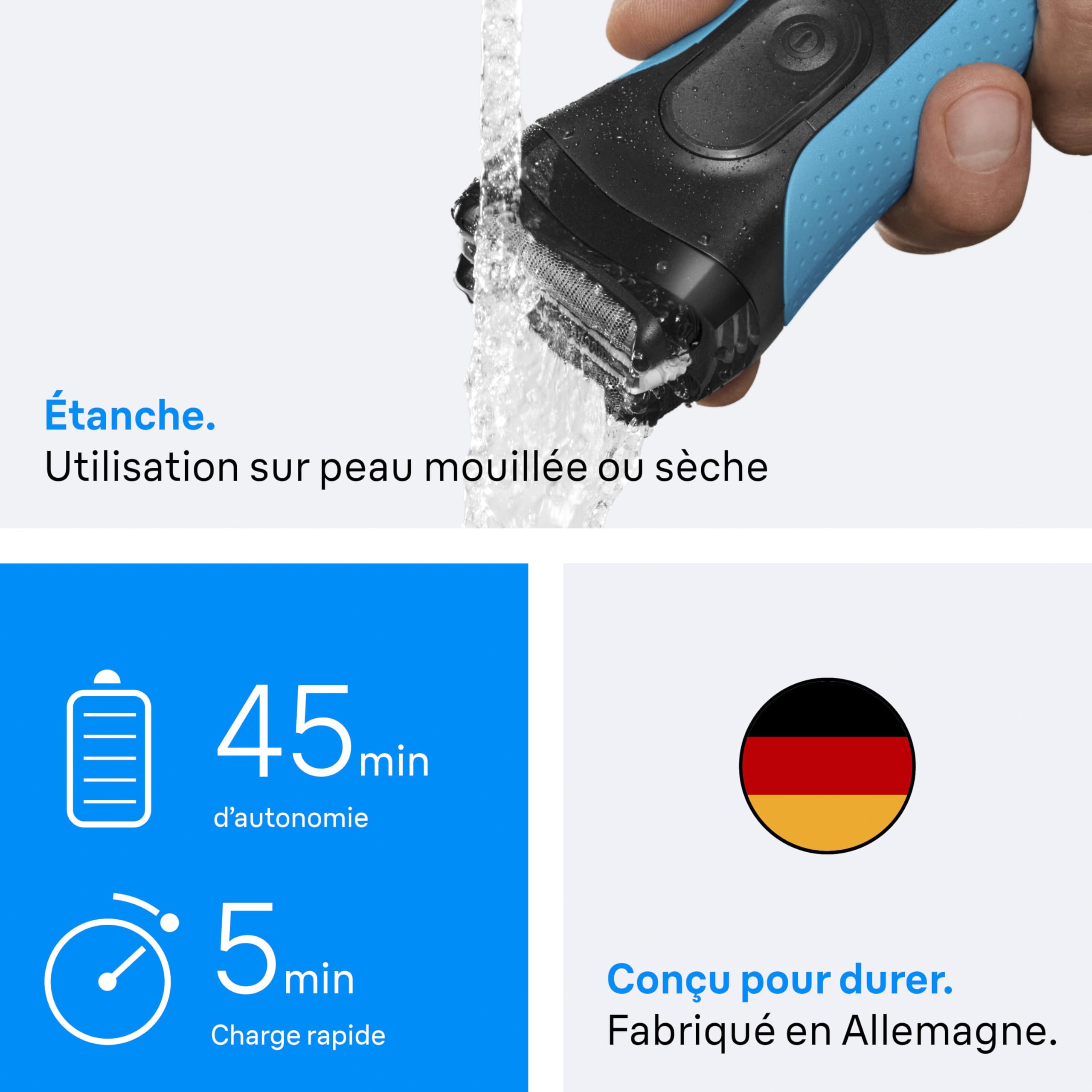 Braun Rasoir Électrique Homme Series 3 3010BT, Bleu | Etanche, Batteries Rechargeables, Lames Flexibles, Peigne MicroComb, Coffret avec Accessoire Tondeuse à Barbe, 5 Sabots