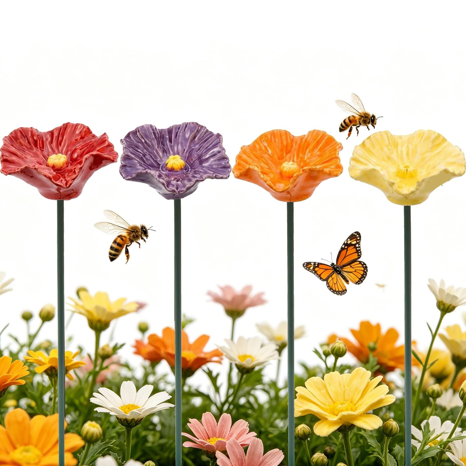 4Pack Garden Bee Watering Station,Flower Design Butterfly Feeder,22cm Ceramic Flower Bee Cups with Stakes,Colorful Butterfly Bath for Outdoor Garden Decor
