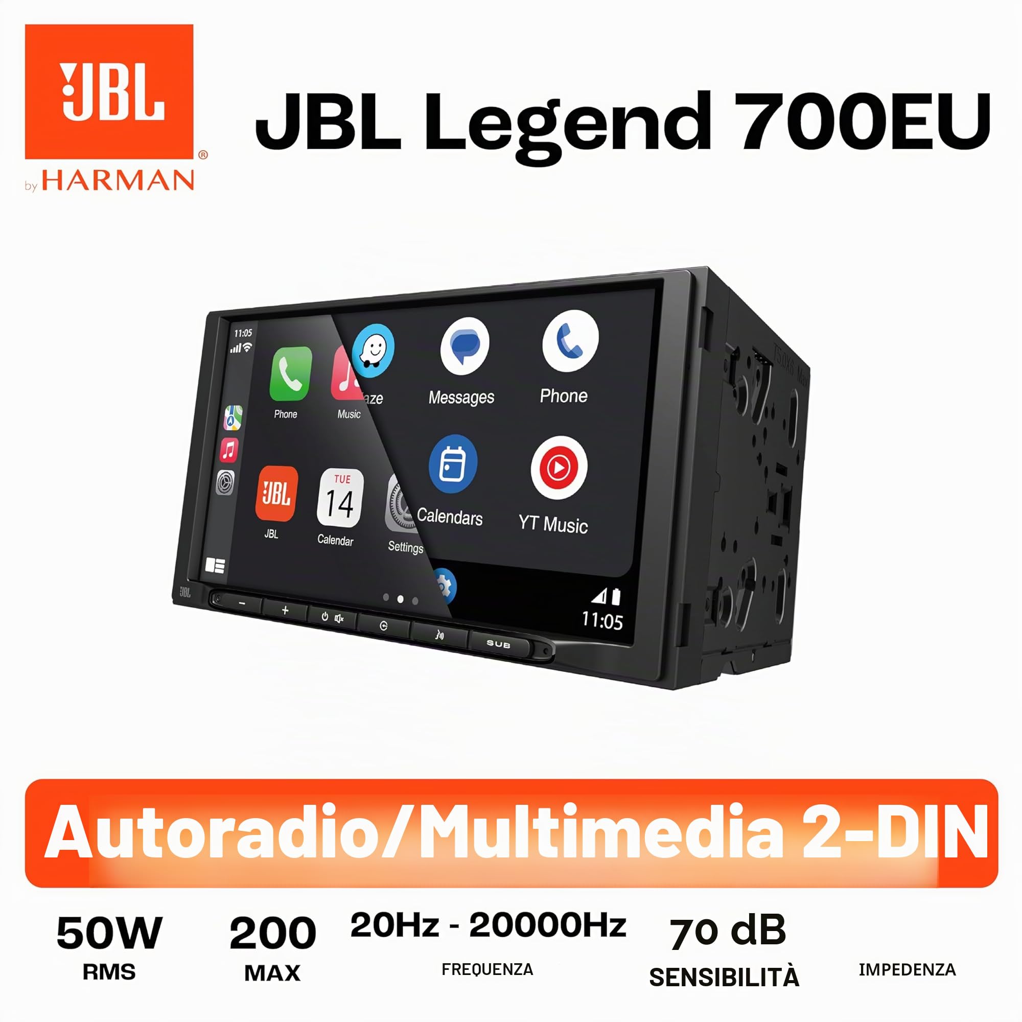 JBL Legend 700 autoradio 2-DIN multimediale, schermo touchscreen 7 pollici, Apple CarPlay & Android Auto wireless, Bluetooth, 4x50 W, preout 4V, FLAC, equalizzatore parametrico