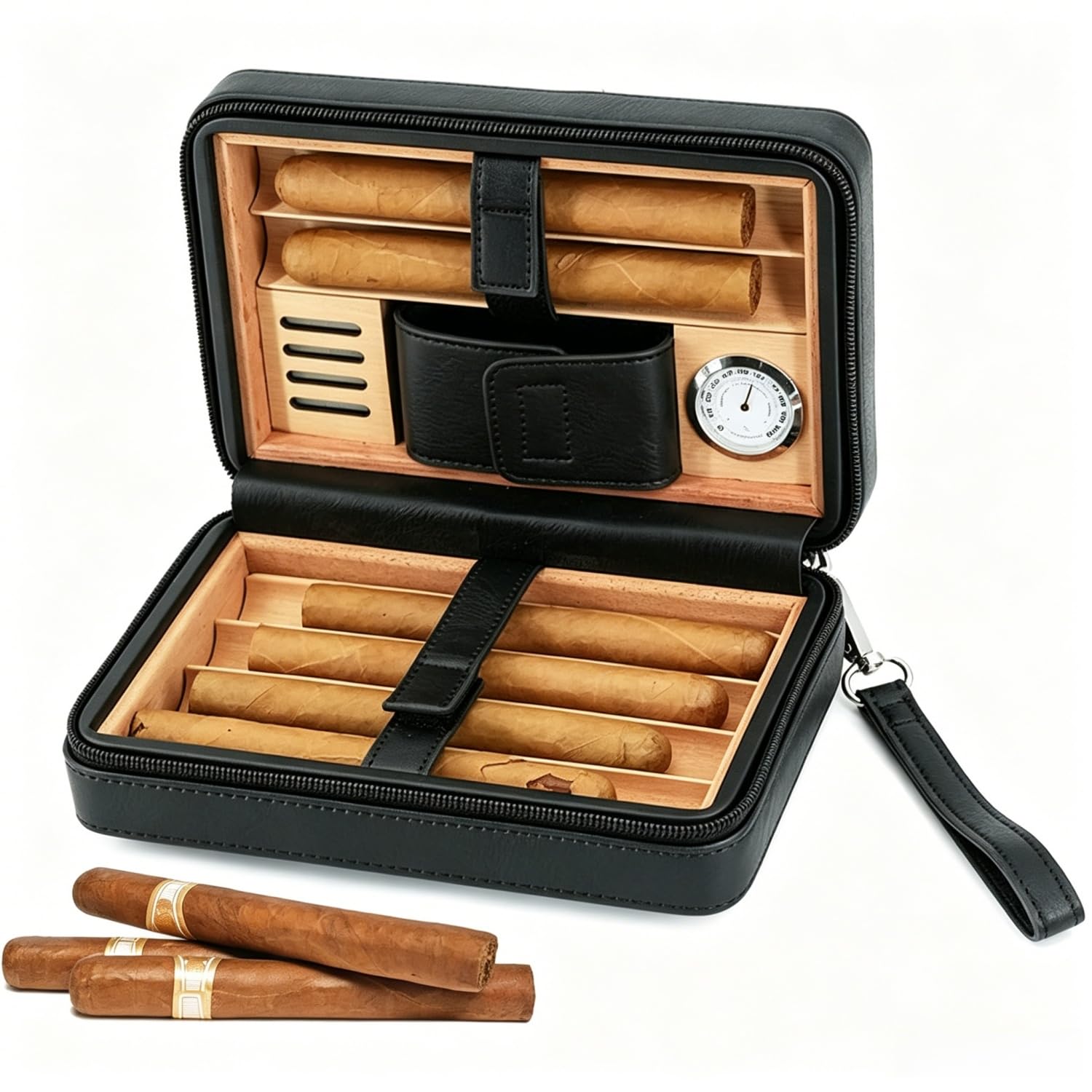 Cygarowy Humidor z Drewna Cedrowego – Wyjmowana Taca, Higrometr, Odłączany Nawilżacz, Rurka Skroplin i Kieszeń na Karty – Luksusowy Prezent dla Taty, Męża,Black