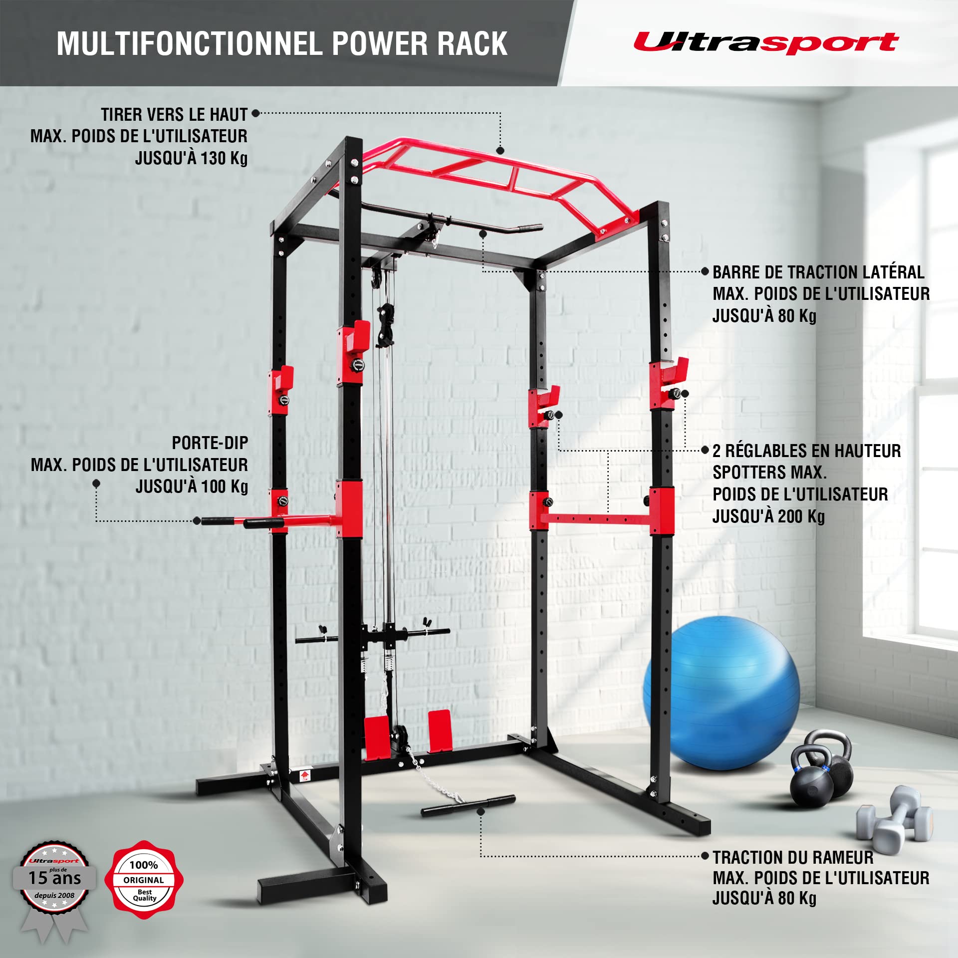 Ultrasport Mixte Banc de Musculation/Cage à Squats en Acier Massif, avec 2 Barres de Sécurité, Barre de Traction, Barre de Dips, Rameur - Noir/Rouge, 145.5 x 141 x 213.5 cm