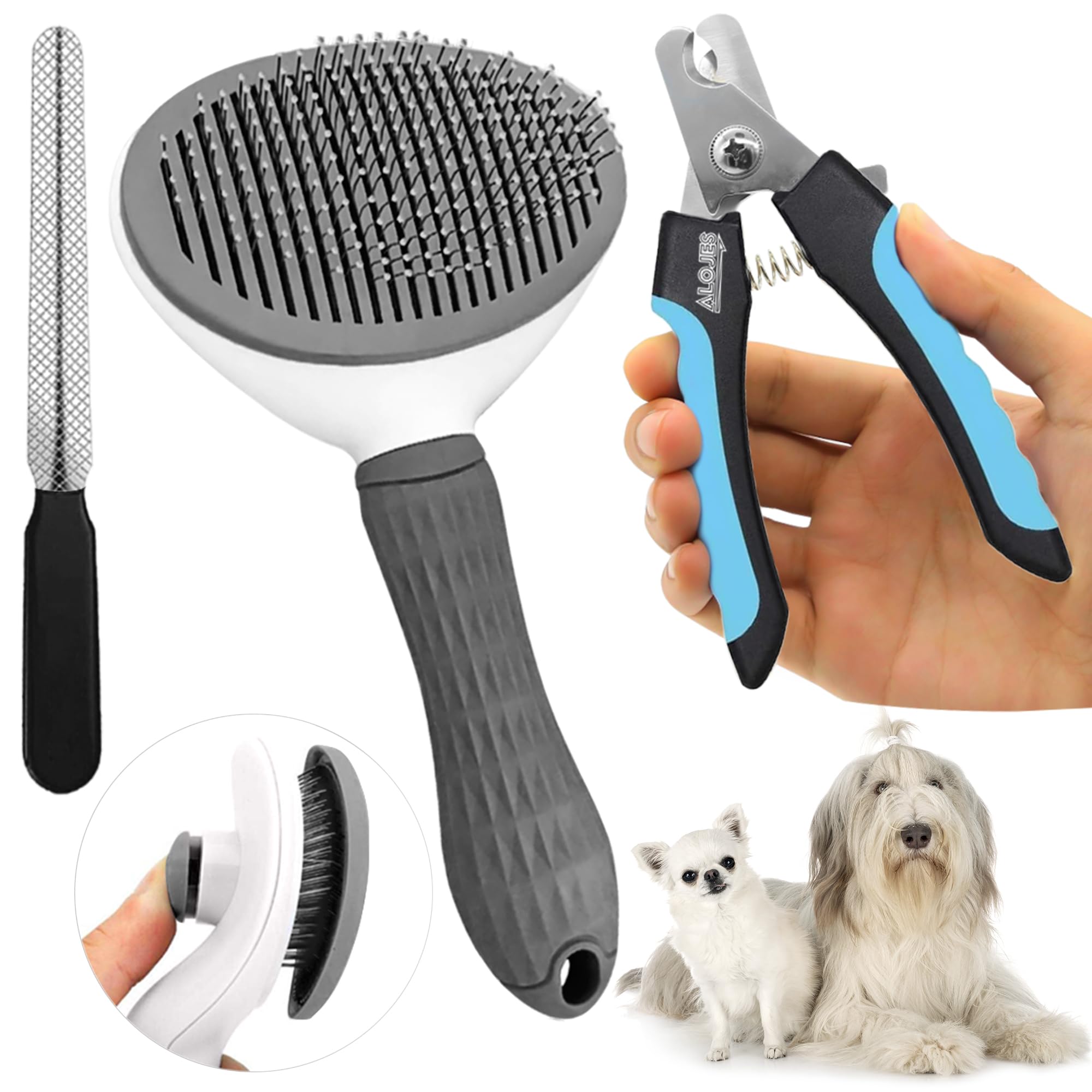 Cepillo Perros Quitapelos Pelo Largo - Cepillo para Gatos - Peine Quitapelos Autolimpiable - Cepillo Atrapapelos Mascotas - Mascotas Pelo Largo - Incluye Cortauñas Perro - Cortauñas Gato