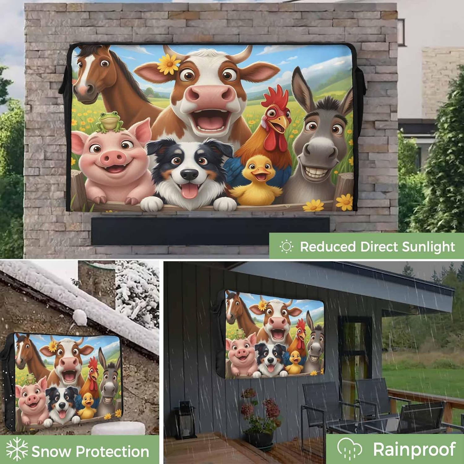 Farmhouse Outdoor TV Cover Waterproof Weatherproof TV Covers for 60 to 65 Inch Funny Cow Horse Pig Face Cute Dog Duck Chicken Donkey Outside Flat Screen TV Protector Shield 58"W x 37"H x 4.5"D