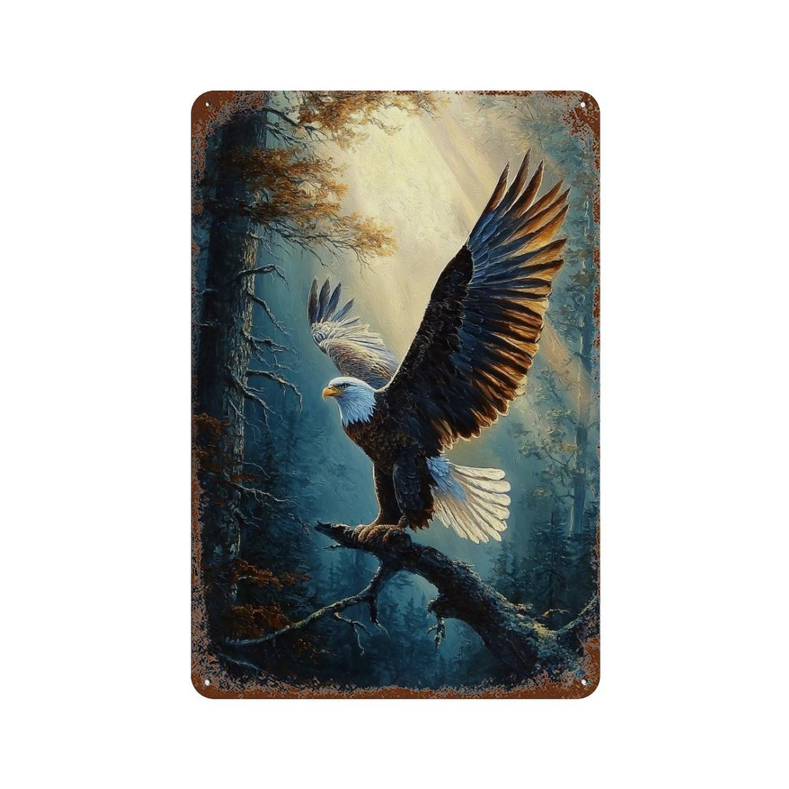 Vintage Rust Metal Sign Eagle Forest Painting 11.8"x7.9", Novelty Wall Decor for Office, Studio And Wall Decor