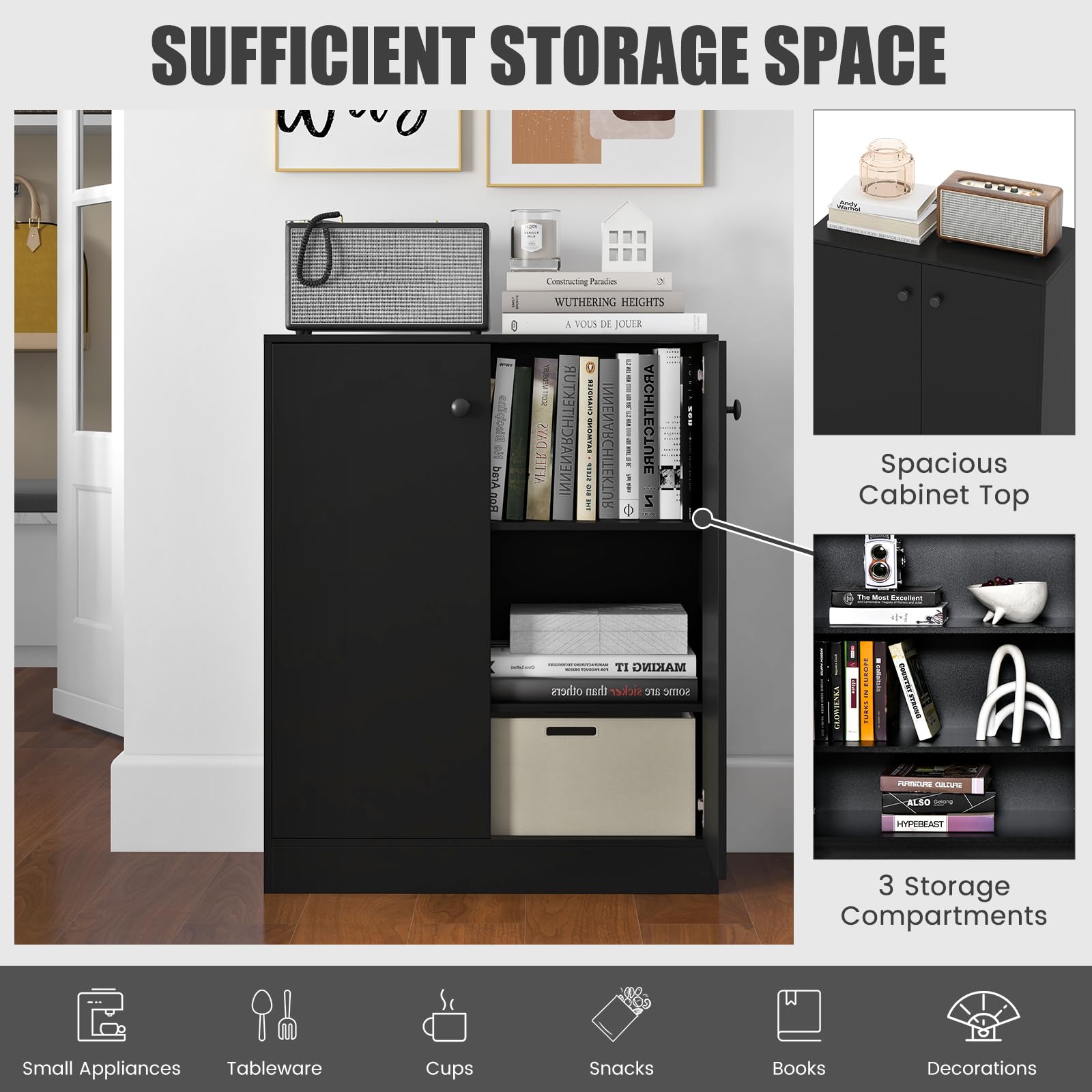 KOMFOTTEU Credenza da Cucina con 2 Ante, Mobile Buffet Basso con Dispositivi Antiribaltamento, Armadio Dispensa per Soggiorno, Sala da Pranzo, Camera da Letto, Ingresso, 72 x 34 x 85,5 cm (Nero)
