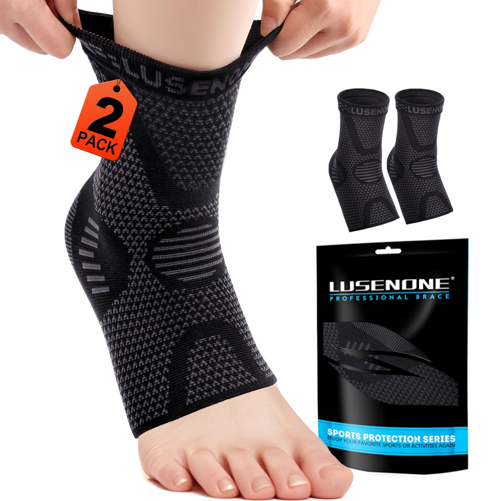 Lusenone Professionelle Sprunggelenkbandage 2 Stück, Atmungsaktive Knöchelbandage für Damen/Männer Kompressionssocken Fußbandage für Plantarfasziitis,Arthritis,Verstauchte Knöchel,Achillessehne,Sport