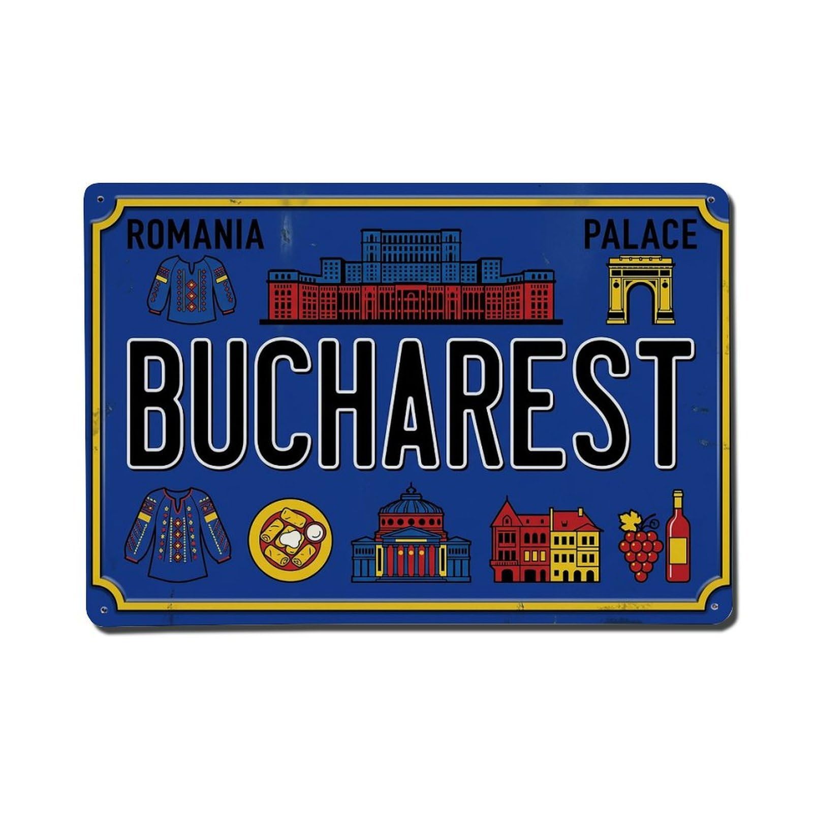 Cwbufd 8X12inch(20X30cm) Vintage Travel Bucharest Romania Palace Parliament Metal Tin Sign Plaque Wall Decor For Cafe, Club Bar, Office, Garden Metal Poster 8X12inch