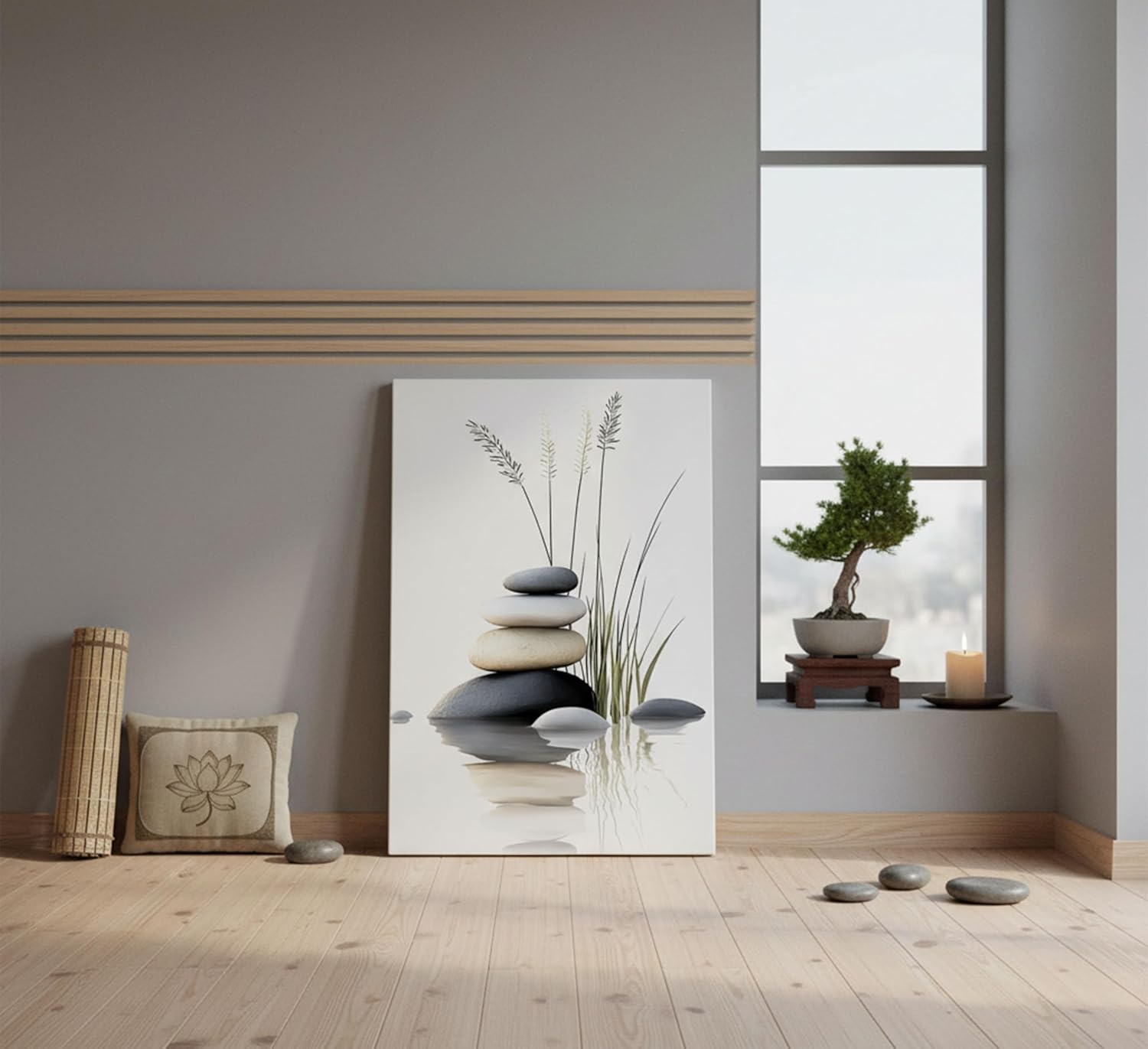 1Pcs Zen Stone Canvas Wall Art Stacked Stones in Water with Grasses Painting Picture Wall Decor Poster Print Suitable for Yoga Meditation Room Bathroom Bedroom Study Home Decoration