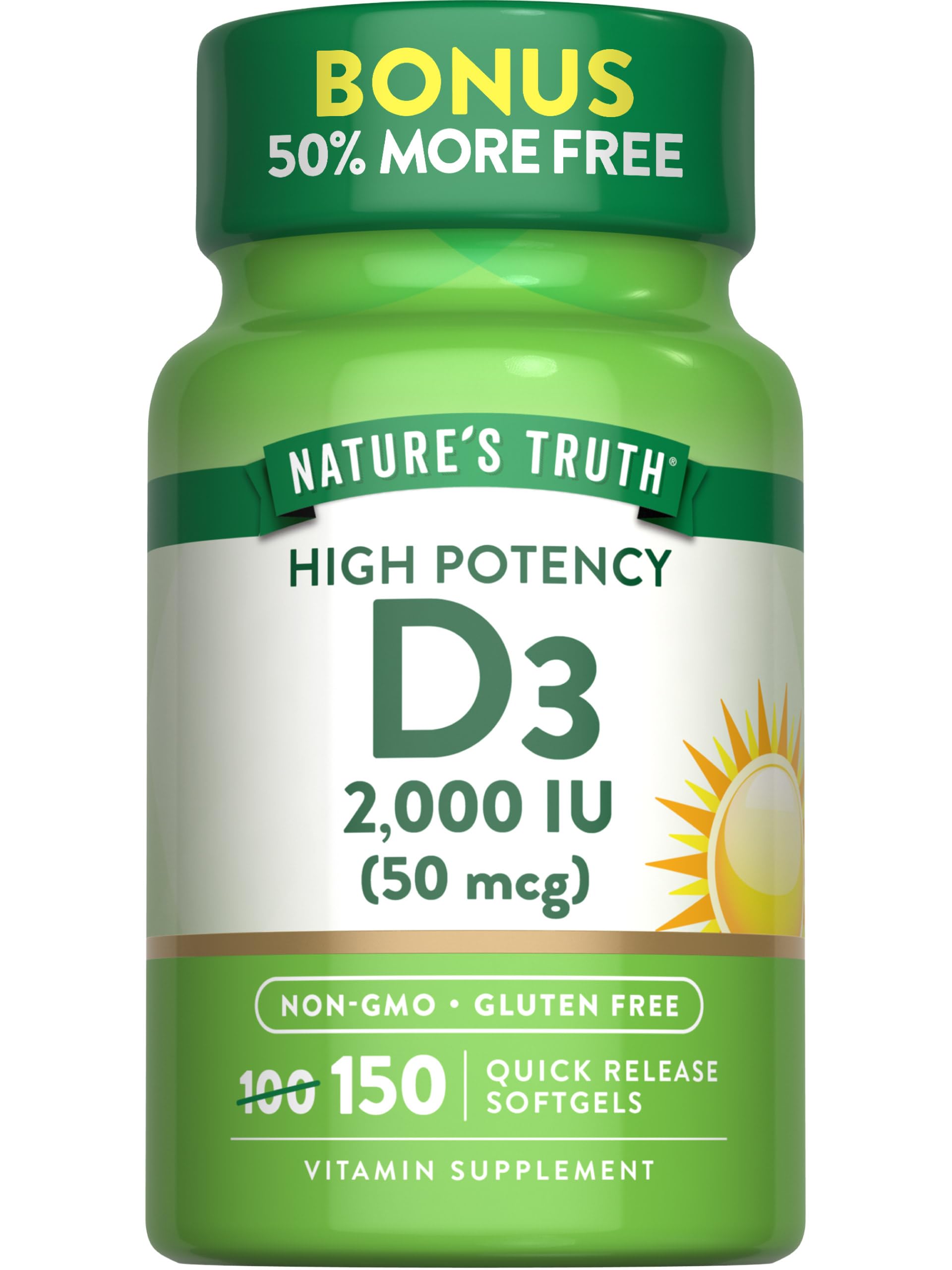 Nature's Truth Vitamin D3 2000 IU Softgels for Adults | 150 Count | High Potency | Non-GMO and Gluten Free Supplement