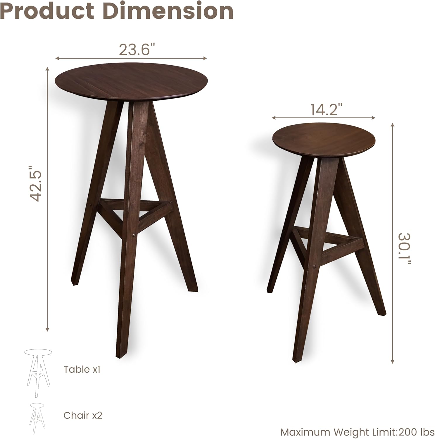 CONSDAN Wood Bar Stools Set of 2, High Round Pub Chairs with Solid Wood Walnut Seat, Tall Bar Height Bistro Stools, Sturdy and Comfortable for Kitchen, Dining Room, or Home Bar, Modern Design