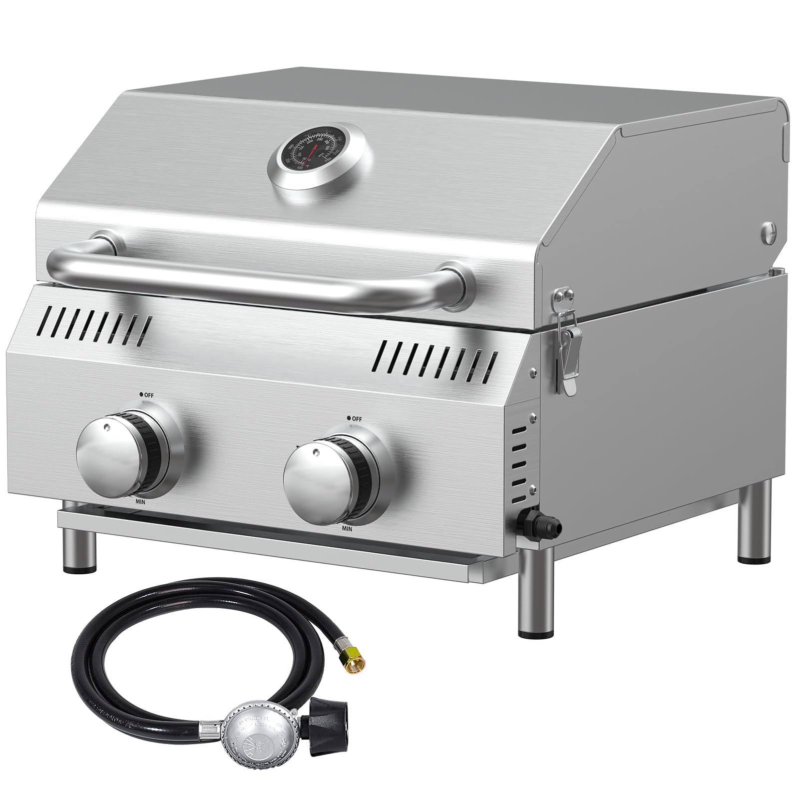 Bestfire Tabletop 2-Burner Gas Grill, 20,000 BTU Stainless Steel Portable Propane Grill, Removable Legs, Push-Button Ignition, Thermometer, for Outdoor Patio, Camping, Tailgating & RV