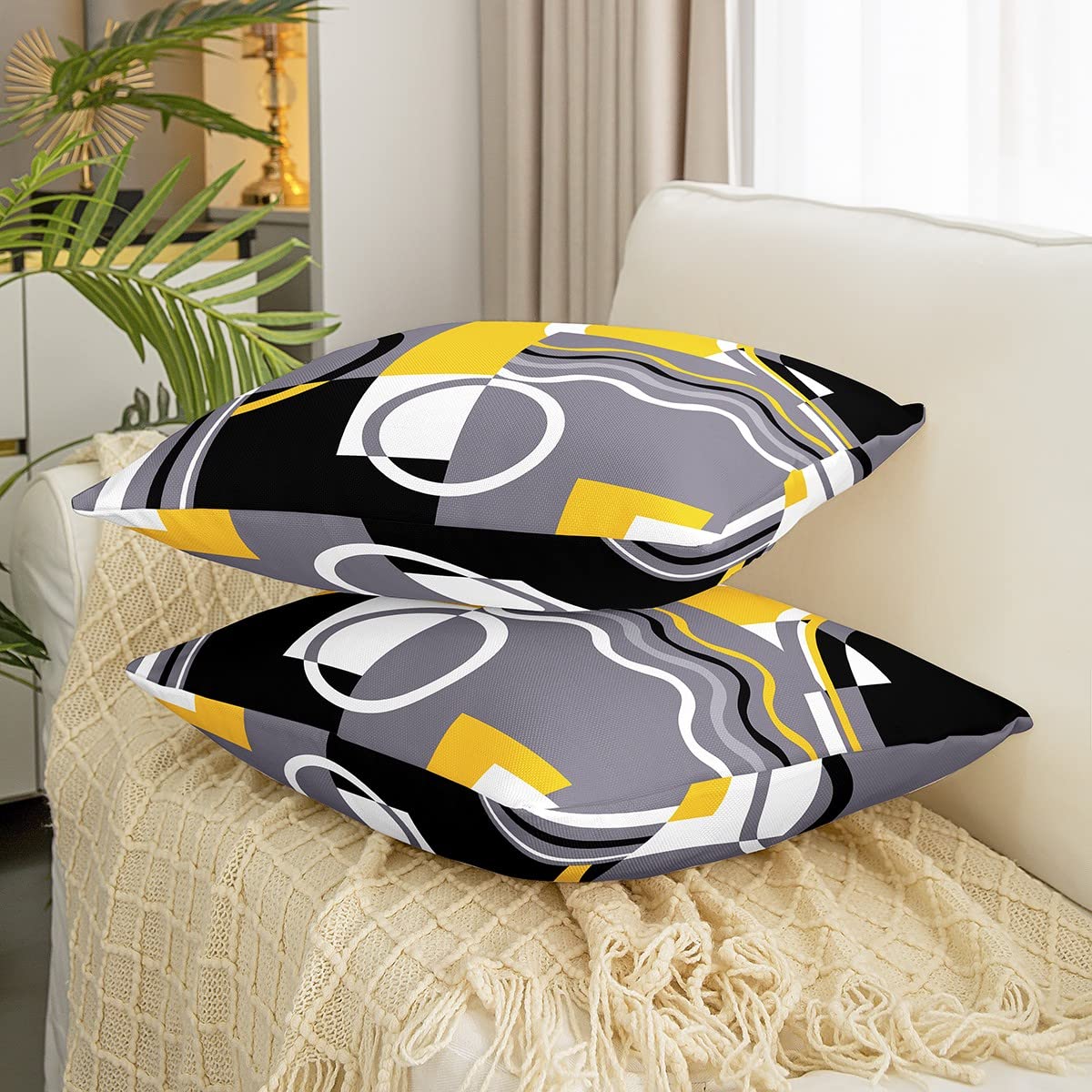 Loussiesd Geometric Square Cushion Covers Set of 2 Set Yellow Grey Black Reversible Throw Pillow Covers for Kids Decor Stripe Line Pillow Covers Home Decor Modern Striped Art 16x16 Inch - Image 3