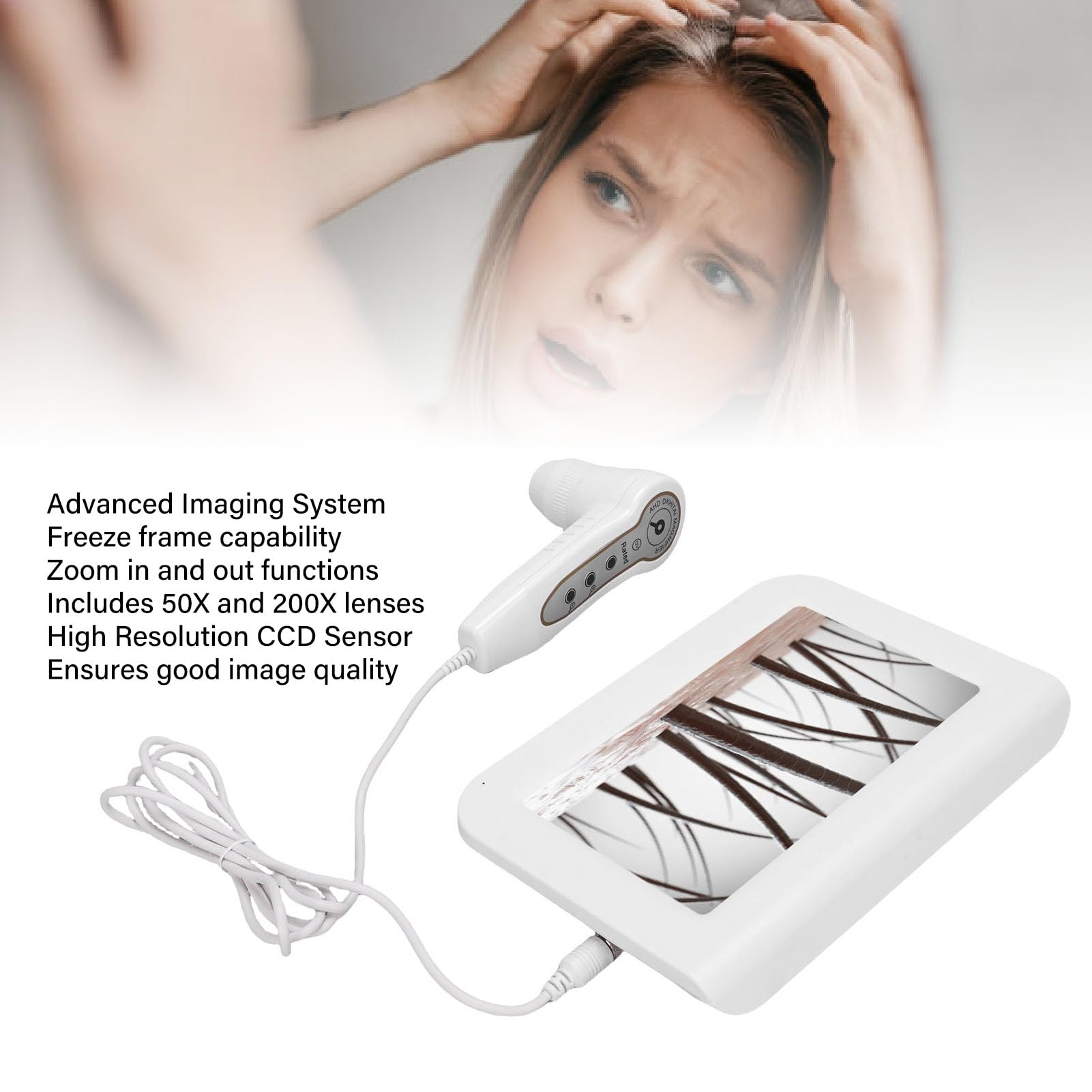 Analyseur de Cheveux de Diagnostic cutané de 9 Pouces, Objectif 50X 200X, Analyseur de Follicules Pileux Rechargeable, Analyseur de Détection de Peau Haute Résolution pour (Prise