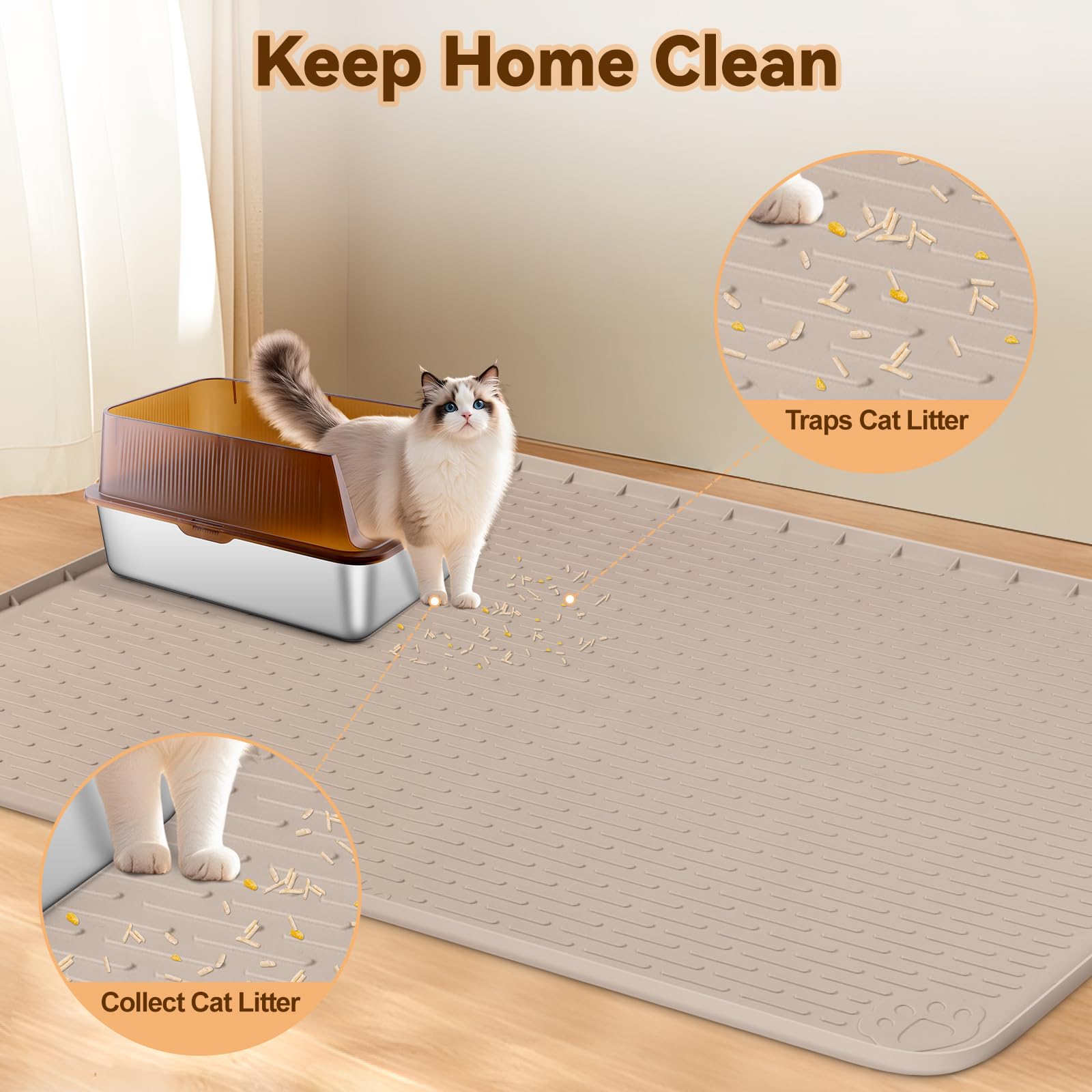 Silikon Katzenklo Matte, 145 x 102 cm Katzenmatte, Khaki | Große Katzenstreu Matte, mit Erhöhtem Rand, Geruchsneutral, Leicht zu Reinigen, Faltbar, Auslaufsichere Katzenstreumatte