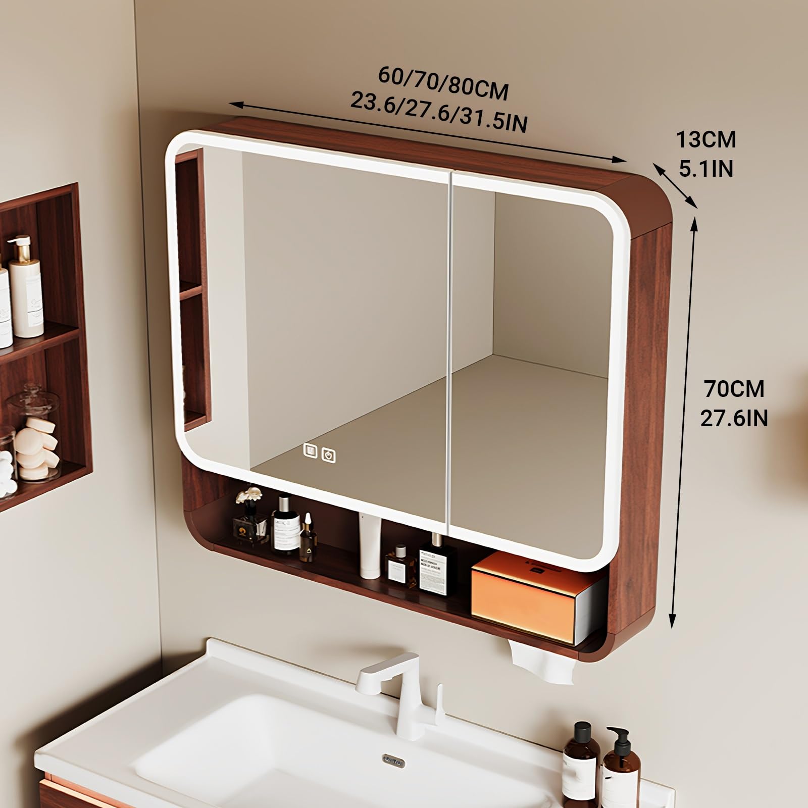 Specchio Bagno Contenitore Anti-Appannamento, Smart Mobile Specchio Bagno con LED Luce, Fessura per Carta, Contenitore da Parete Touch Control(A,70cm/27.6in)