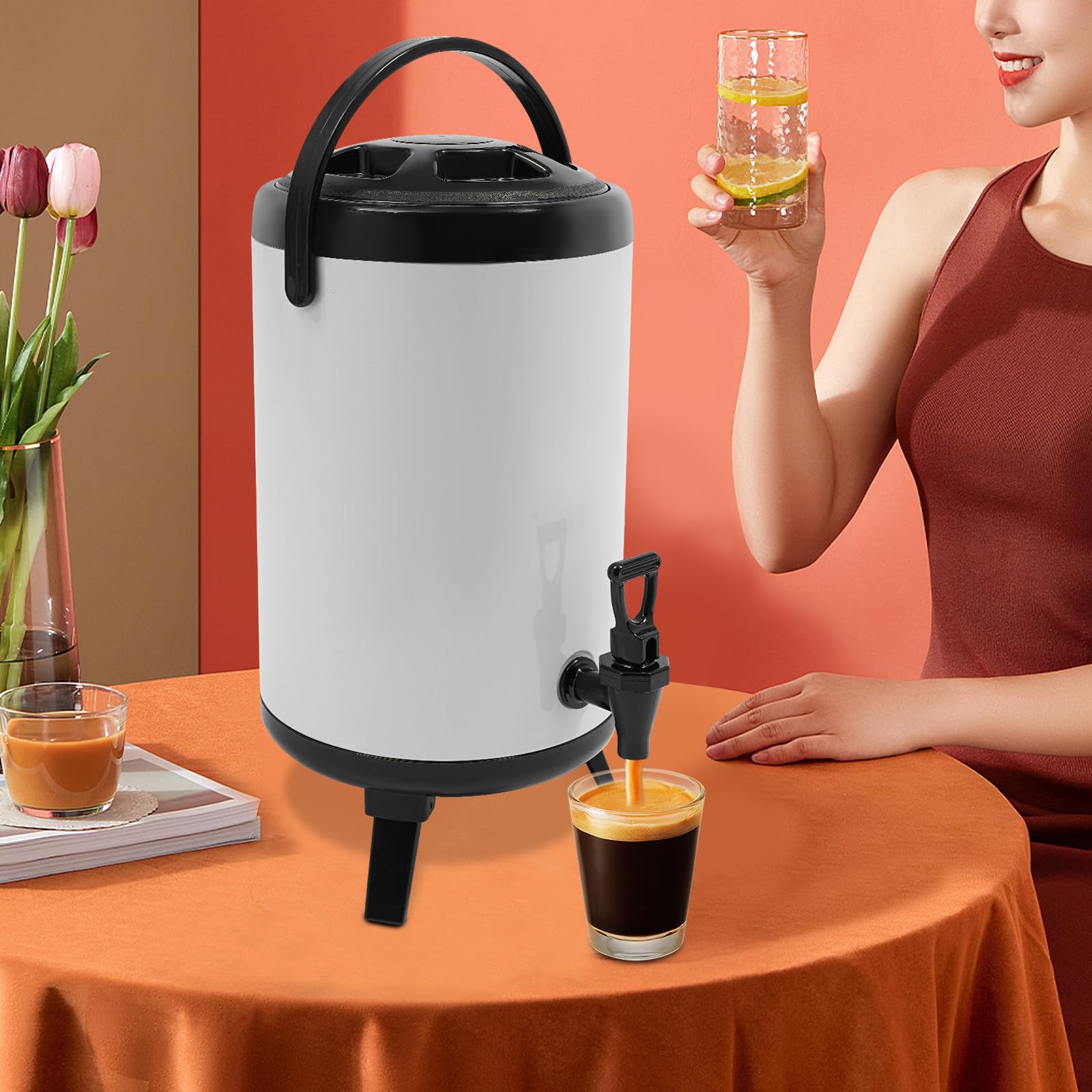 Termo de 10 litros con boquilla – Dispensador de bebidas aislado para bebidas calientes y frías (blanco) – Jarra de acero inoxidable con doble aislamiento – ideal para limonada, té helado y café